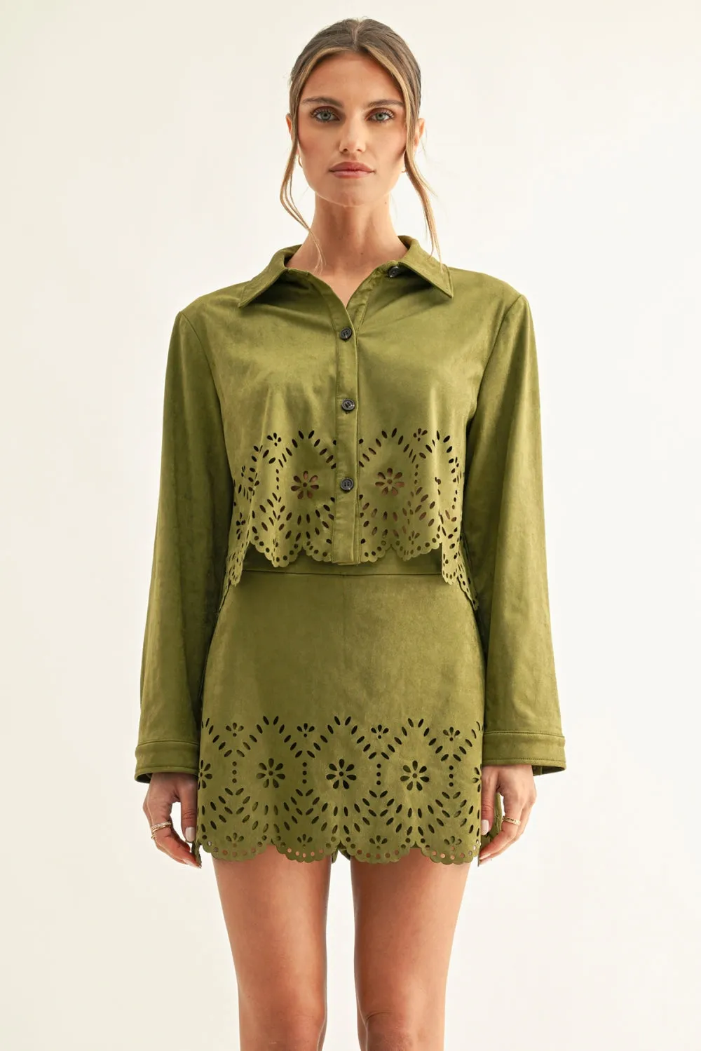 Lucia Eyelet Faux Suede Cropped Shirt sold by Adelyn Rae product image thumbnail 3