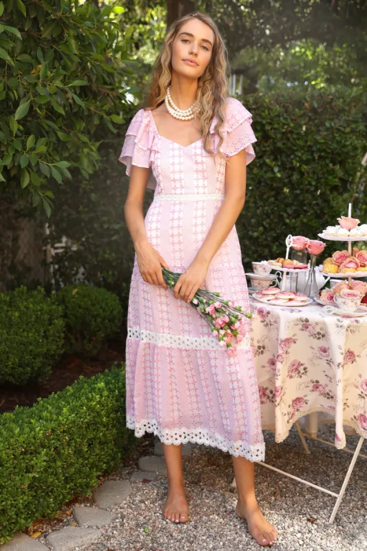 Naomi Embroidered Ruffled Midi Dress sold by Adelyn Rae