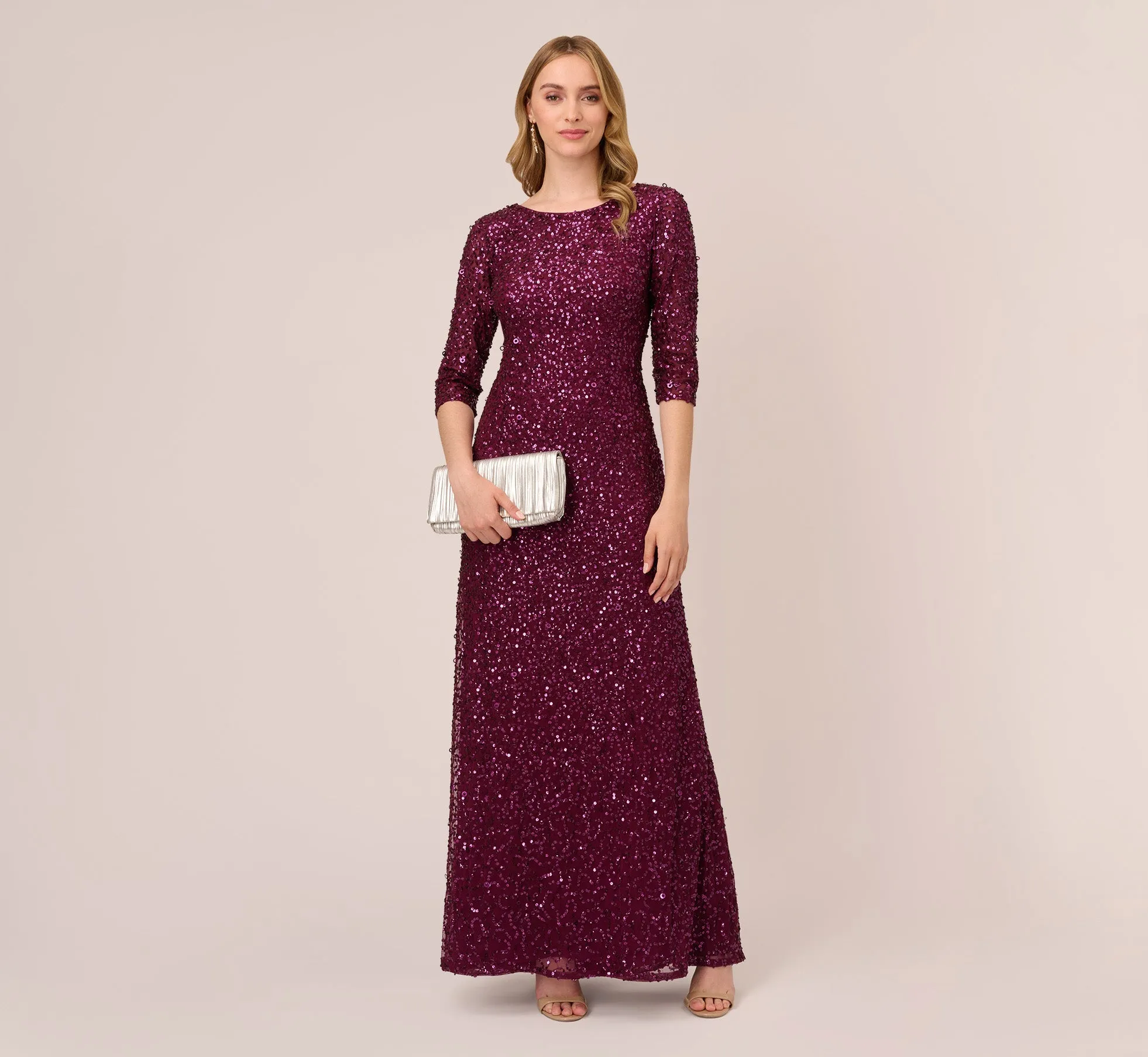 Scoop Back Sequin Gown With Three Quarter Sleeves In Cabernet sold by Adrianna Papell product image thumbnail 2
