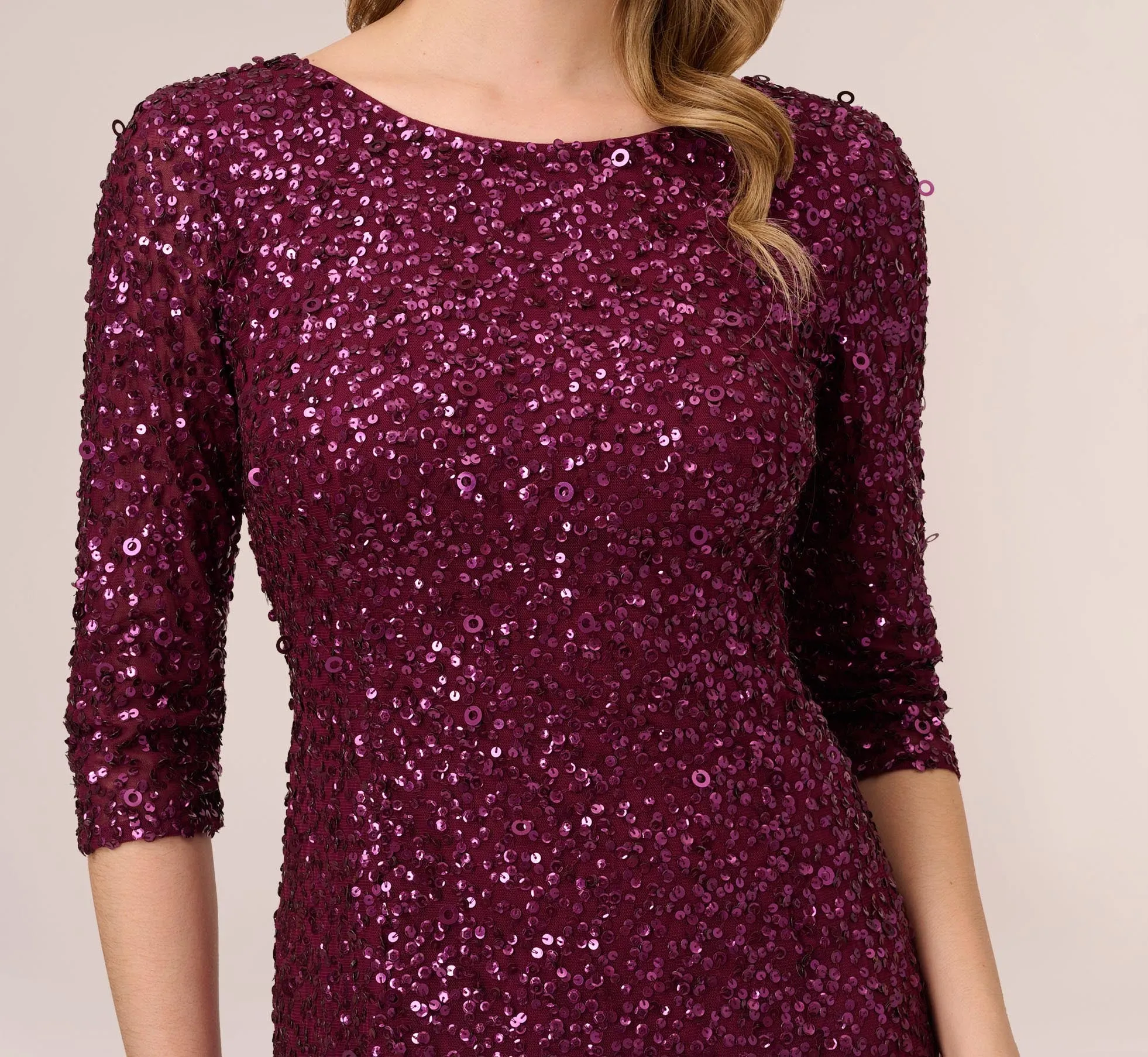 Scoop Back Sequin Gown With Three Quarter Sleeves In Cabernet sold by Adrianna Papell product image thumbnail 3