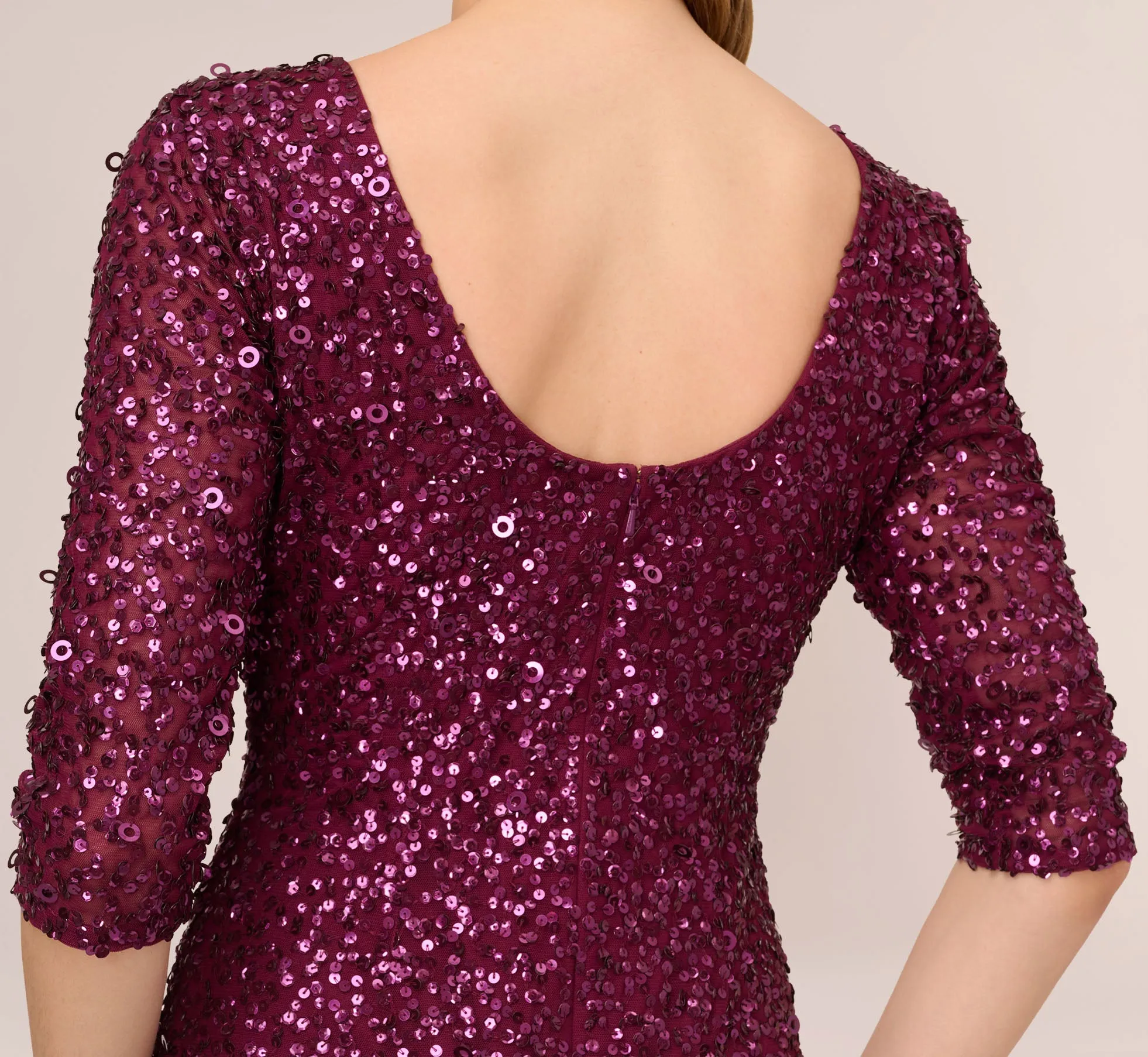 Scoop Back Sequin Gown With Three Quarter Sleeves In Cabernet sold by Adrianna Papell product image thumbnail 5