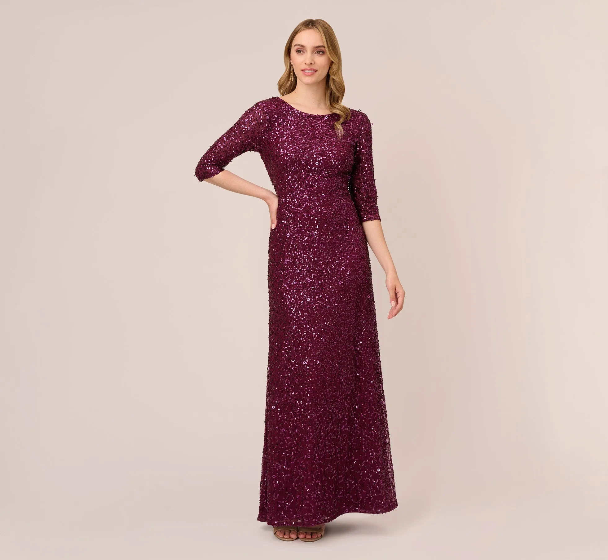 Scoop Back Sequin Gown With Three Quarter Sleeves In Cabernet sold by Adrianna Papell