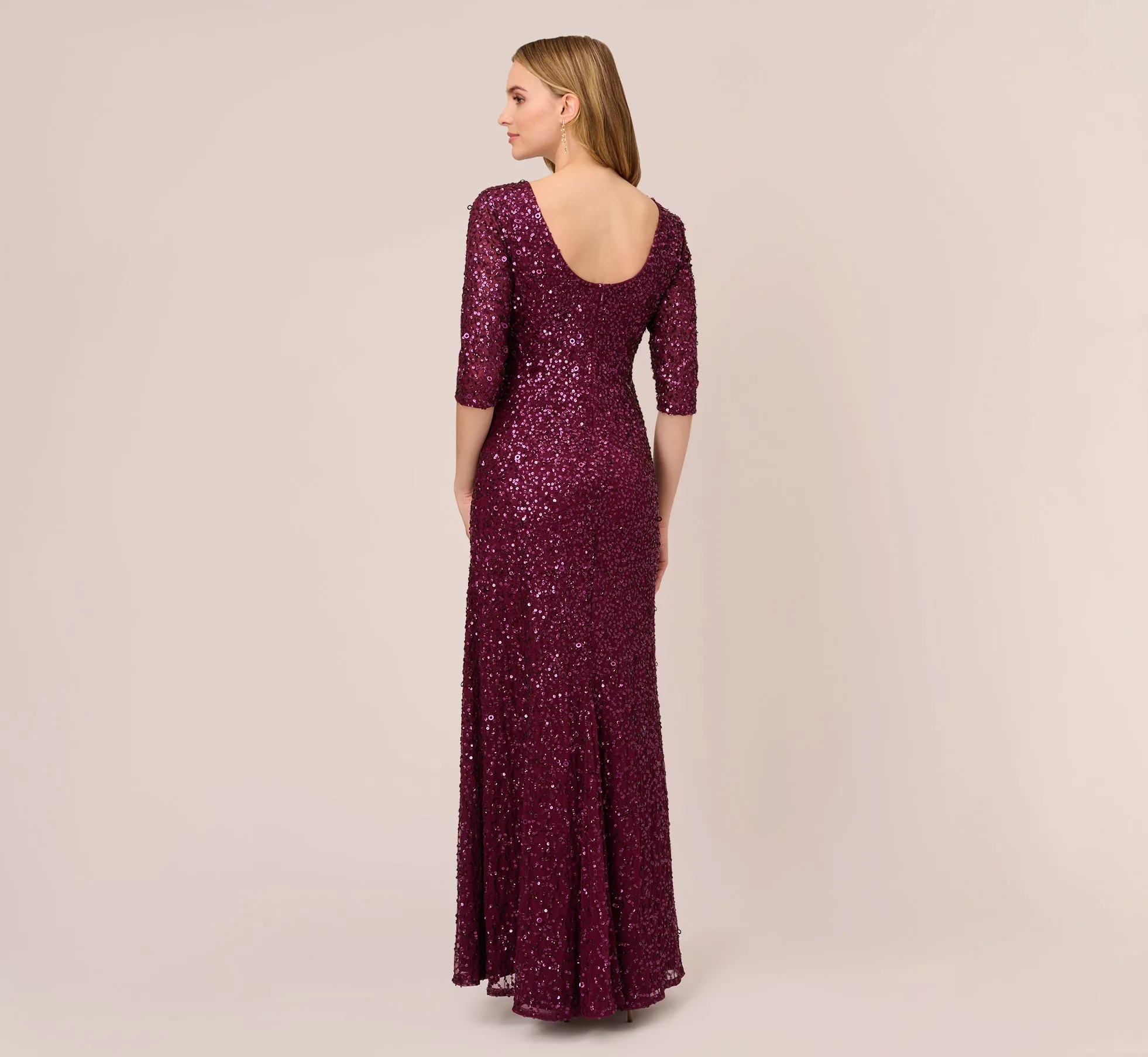 Scoop Back Sequin Gown With Three Quarter Sleeves In Cabernet sold by Adrianna Papell product image thumbnail 4