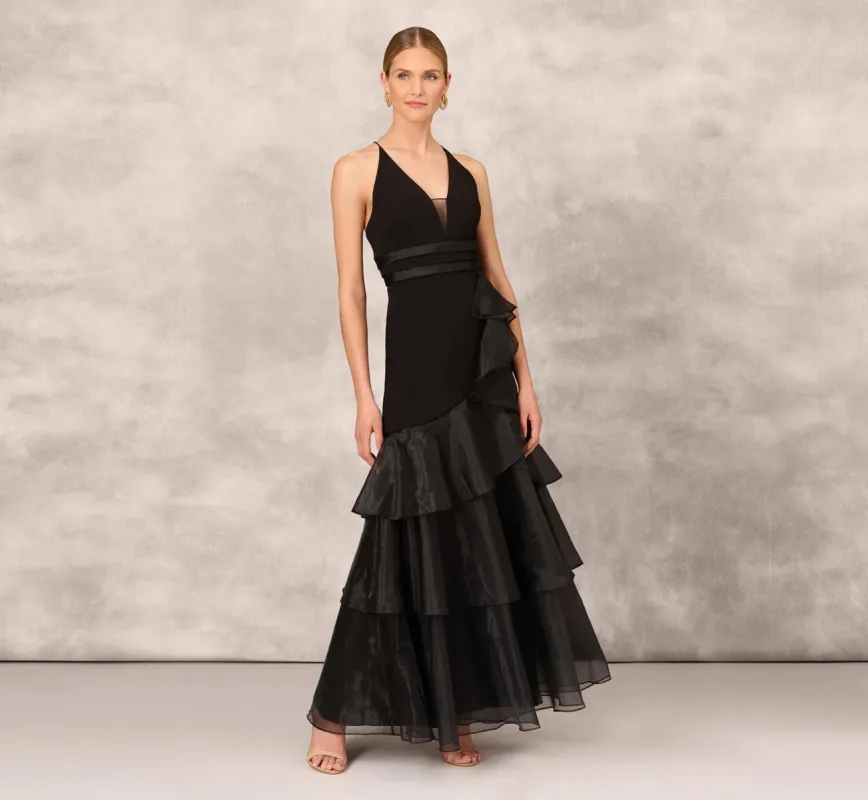Tiered Trumpet Dress With Ruffles In Black made by Aidan Mattox