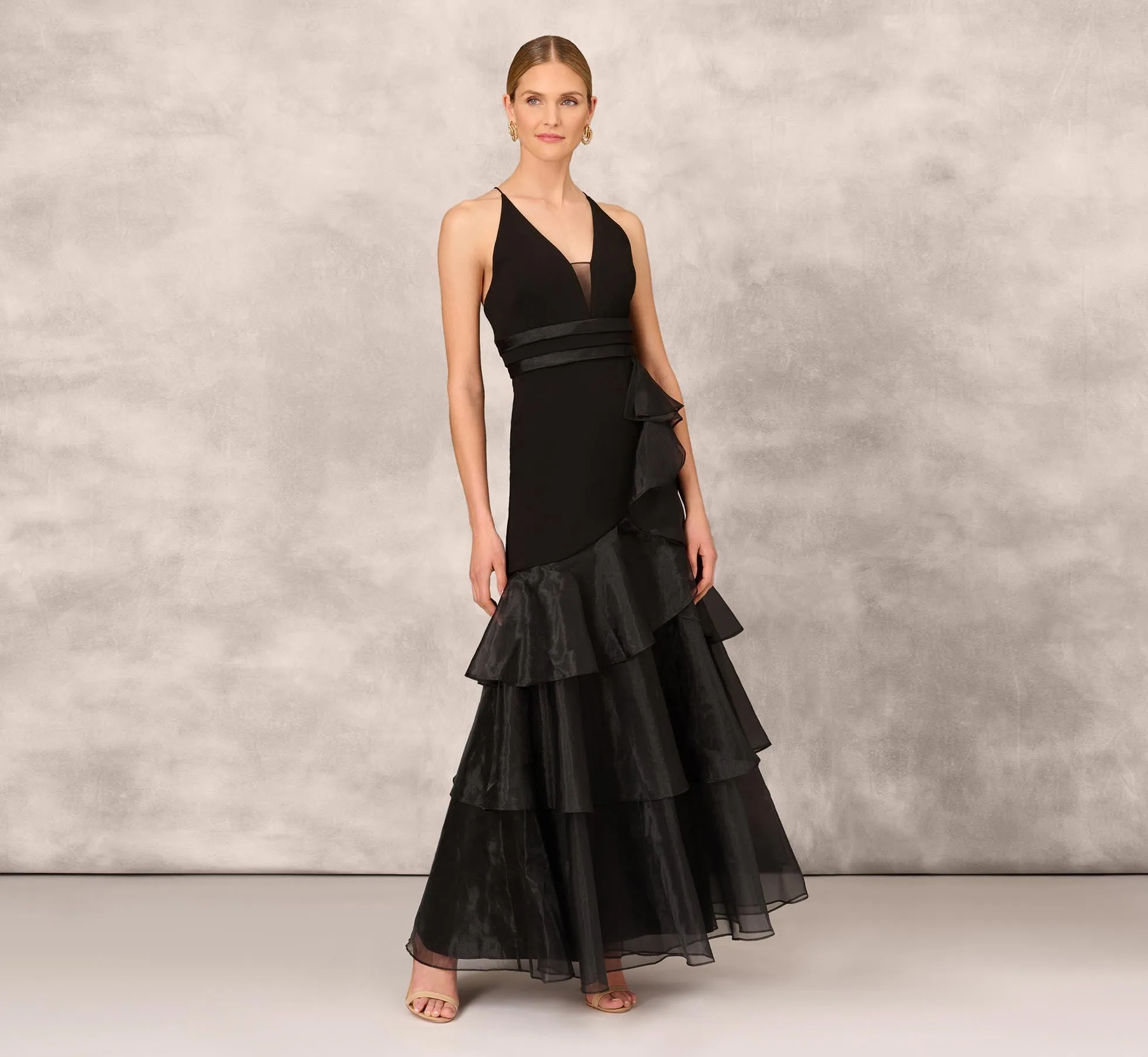 Tiered Trumpet Dress With Ruffles In Black sold by Adrianna Papell