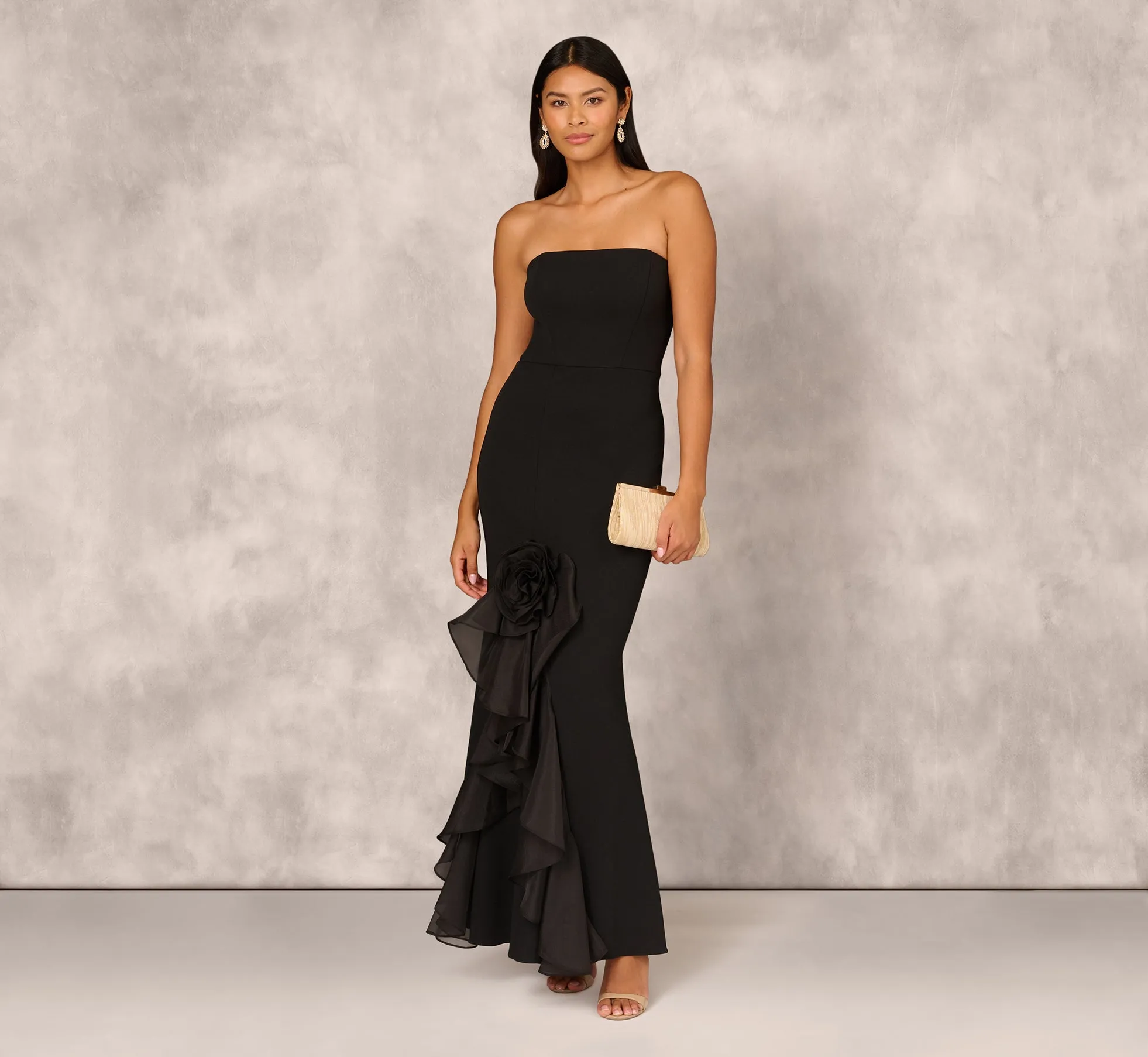 Crepe Strapless Mermaid Gown With Organza Ruffle Skirt In Black sold by Adrianna Papell product image thumbnail 2