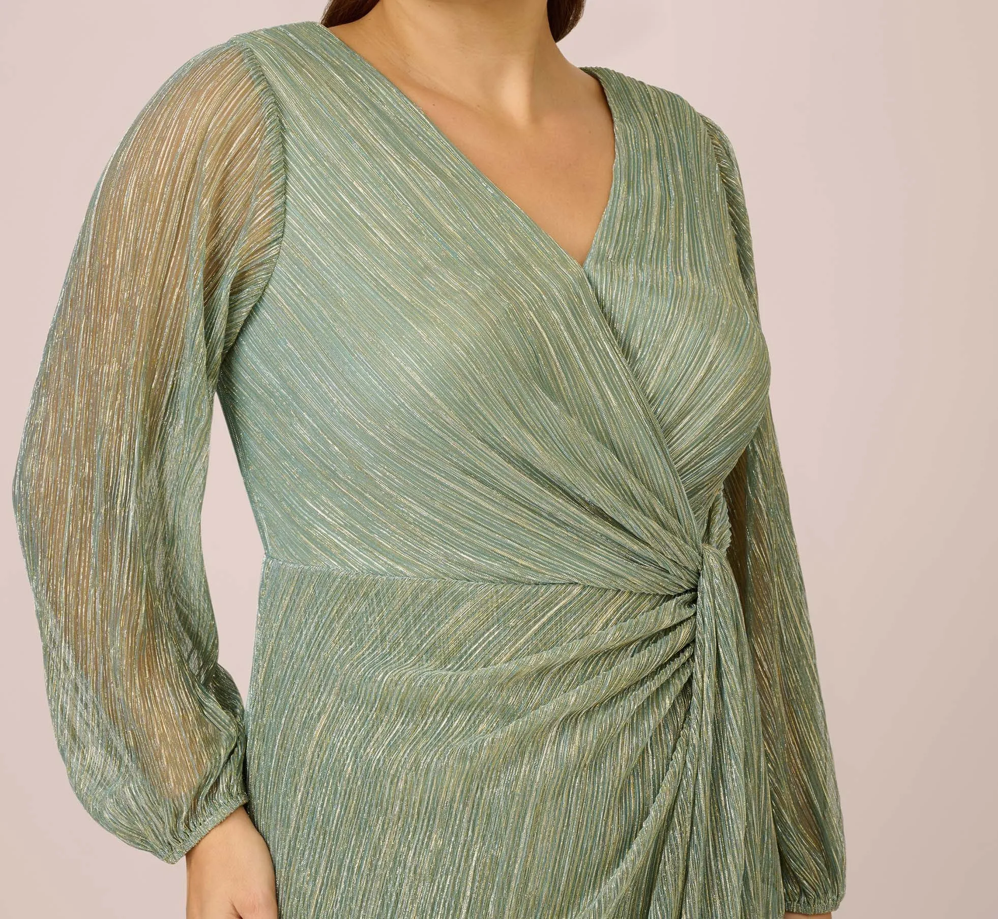 Plus Size Metallic Crinkled Mesh Draped Long Gown In Green Slate sold by Adrianna Papell product image thumbnail 2