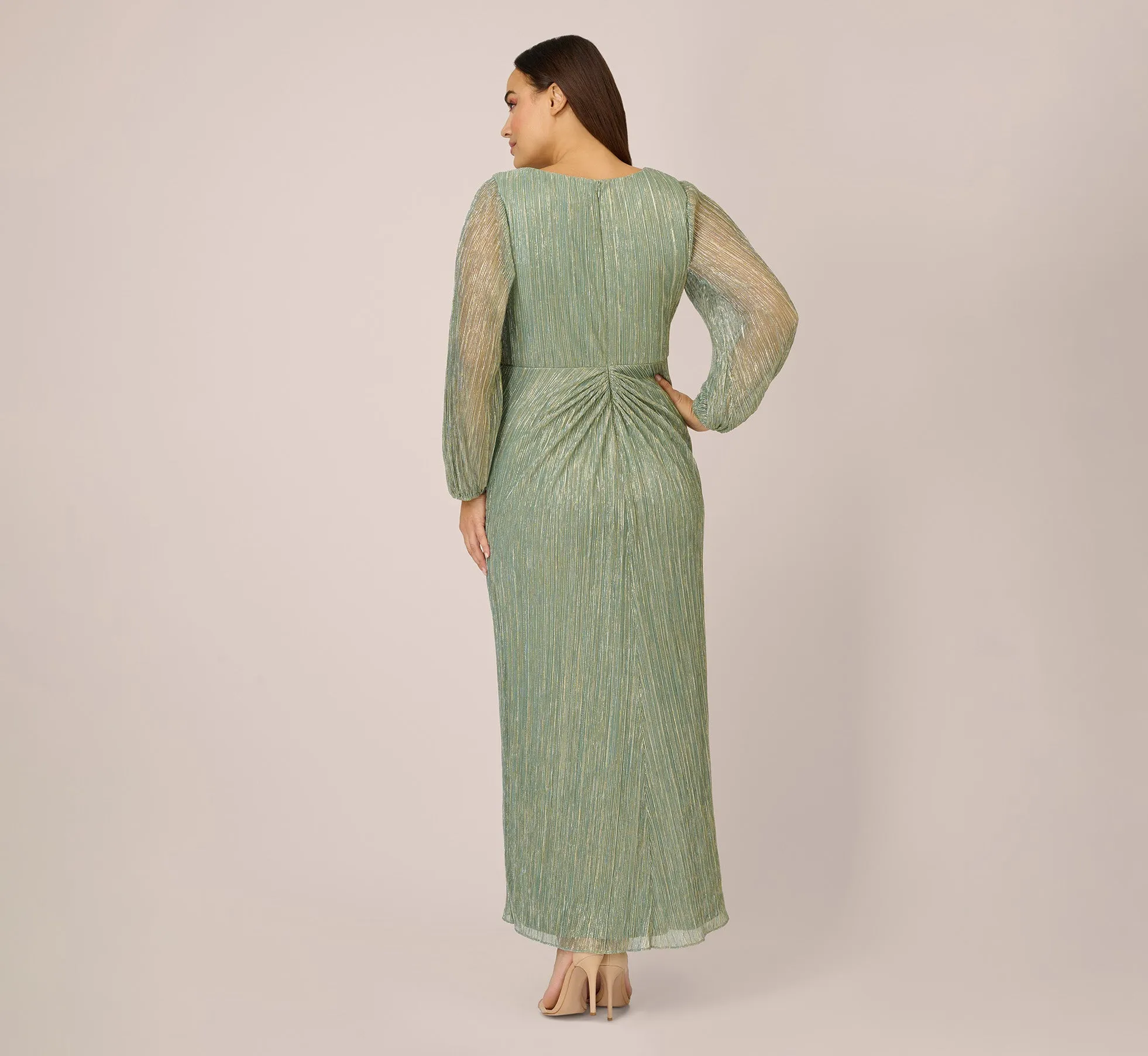 Plus Size Metallic Crinkled Mesh Draped Long Gown In Green Slate sold by Adrianna Papell product image thumbnail 3