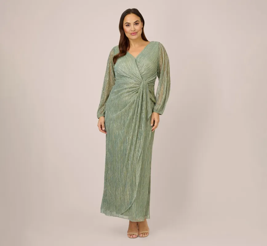 Plus Size Metallic Crinkled Mesh Draped Long Gown In Green Slate sold by Adrianna Papell