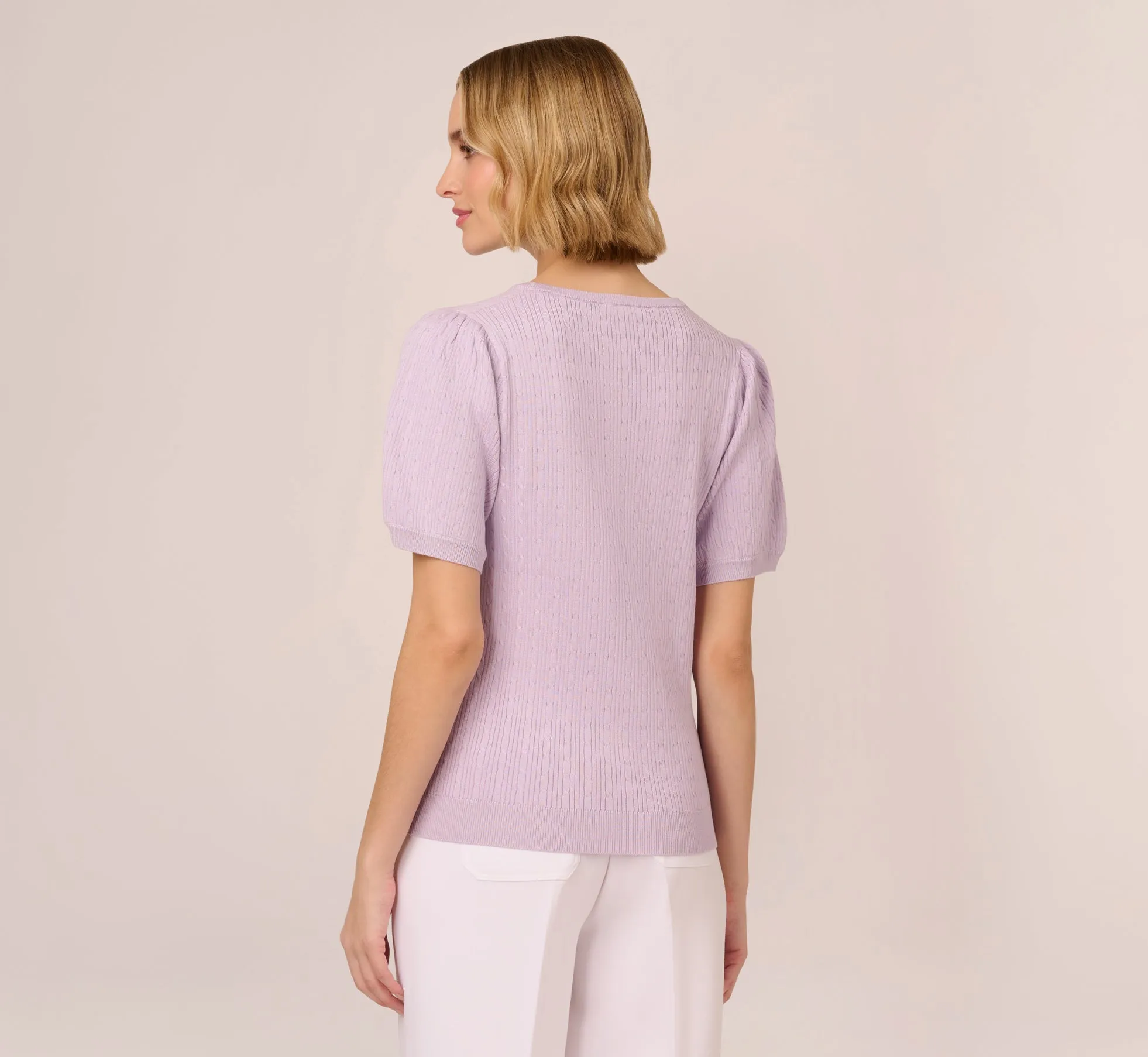Short Sleeve Cable Knit Sweater With Crew Neckline In Orchid Petal sold by Adrianna Papell product image thumbnail 5