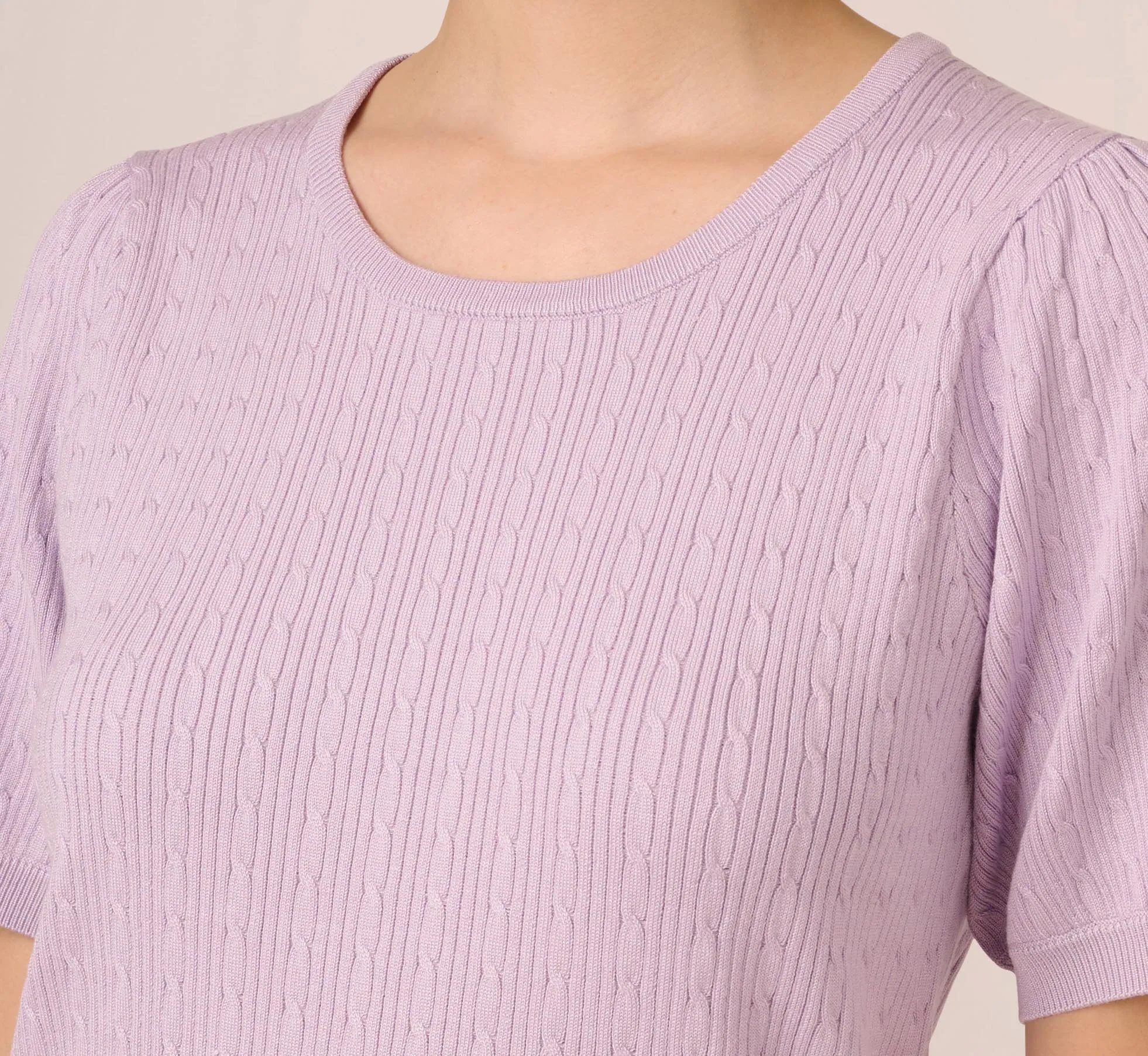 Short Sleeve Cable Knit Sweater With Crew Neckline In Orchid Petal sold by Adrianna Papell product image thumbnail 4