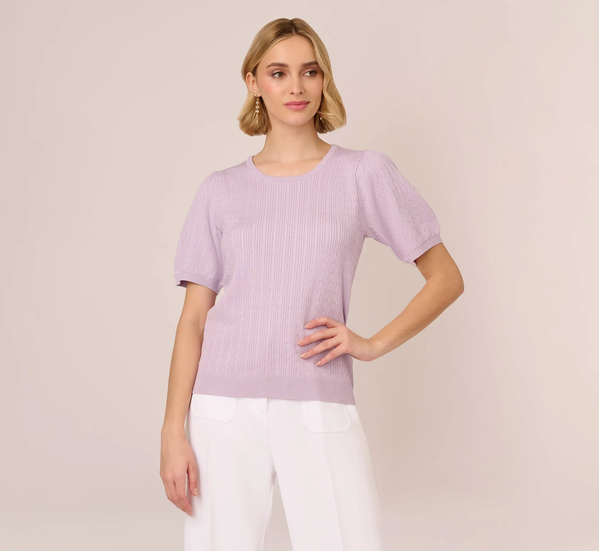 Short Sleeve Cable Knit Sweater With Crew Neckline In Orchid Petal sold by Adrianna Papell product image thumbnail 2