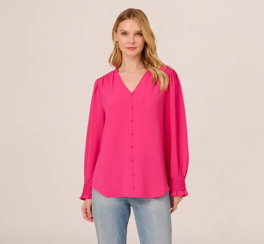 Long Sleeve Covered Button Up Top With V Neck In Hot Pink sold by Adrianna Papell