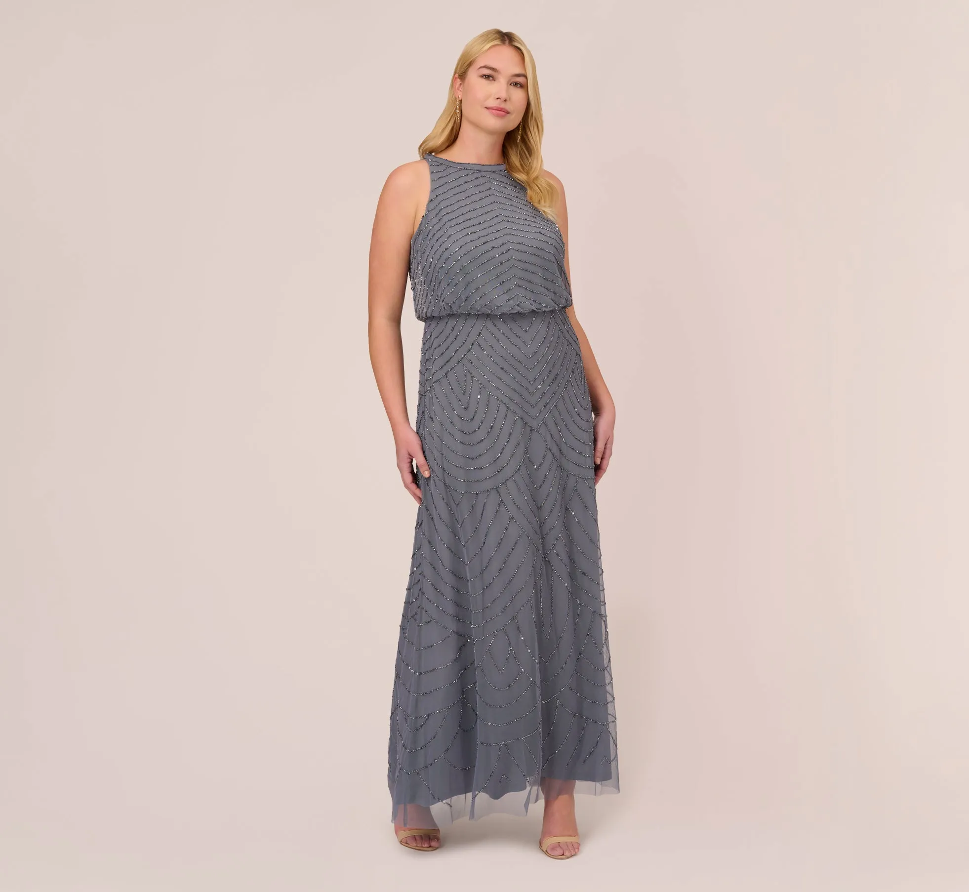 Plus Size Art Deco Beaded Blouson Dress With Halter Neckline In Dusty Blue sold by Adrianna Papell