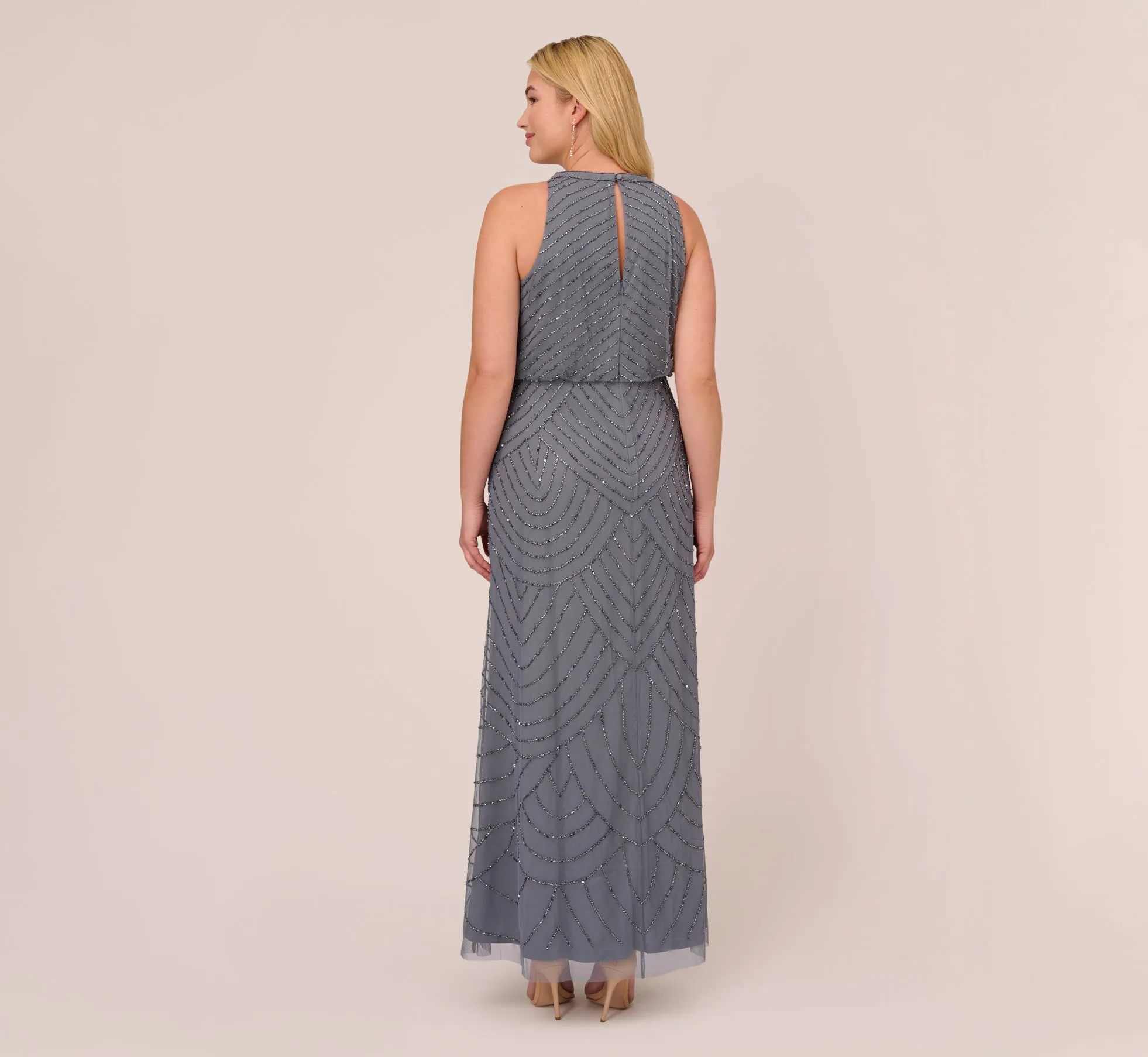 Plus Size Art Deco Beaded Blouson Dress With Halter Neckline In Dusty Blue sold by Adrianna Papell product image thumbnail 4