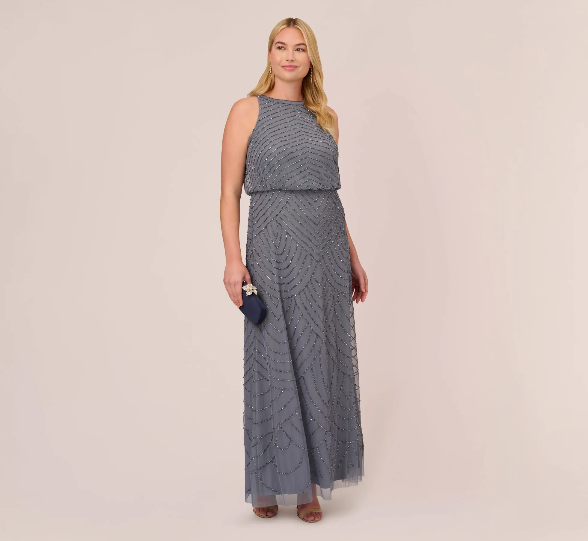 Plus Size Art Deco Beaded Blouson Dress With Halter Neckline In Dusty Blue sold by Adrianna Papell product image thumbnail 2