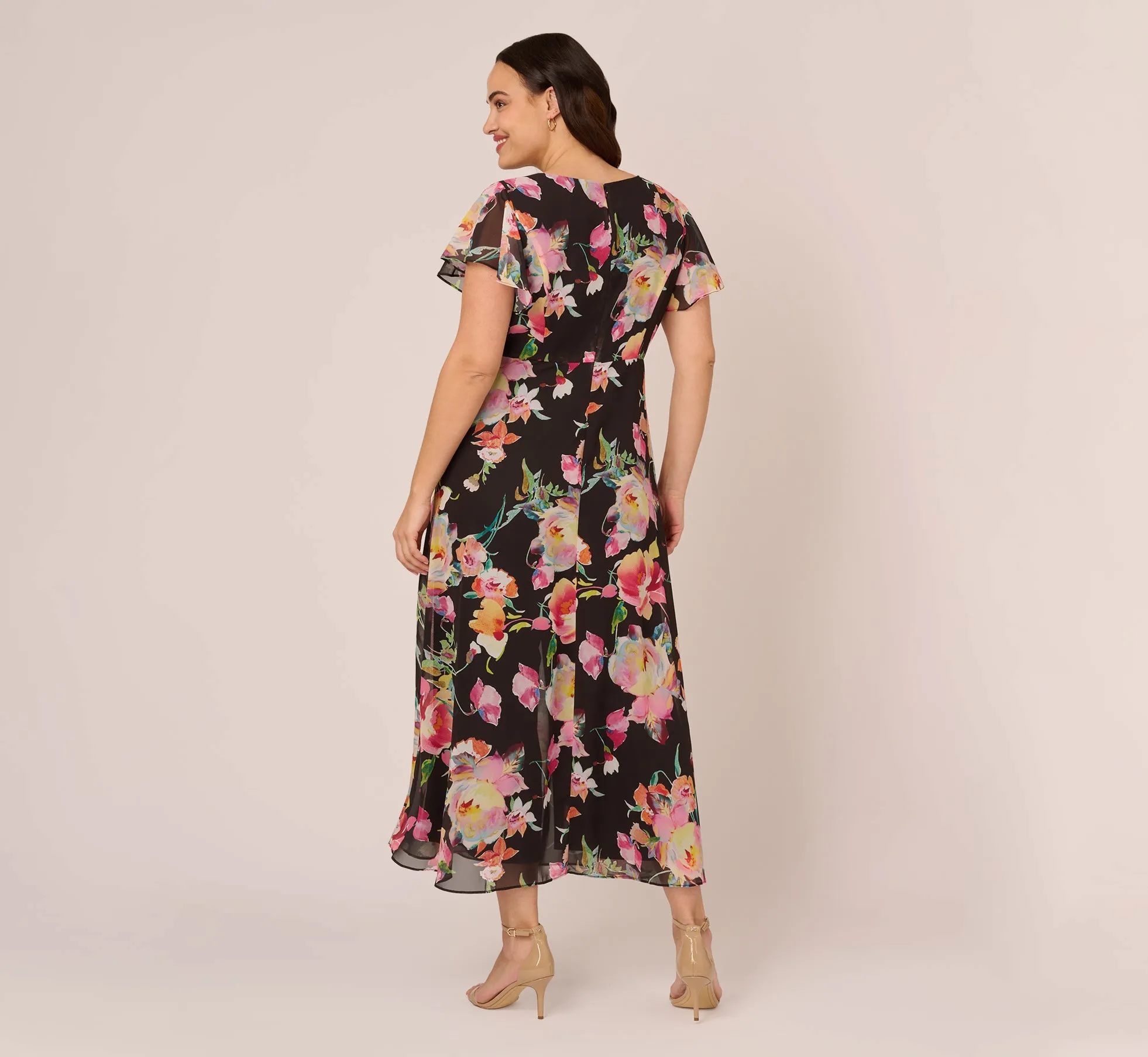 Plus Size Floral Print Cropped Jumpsuit With Skirt Overlay In Black Multi sold by Adrianna Papell product image thumbnail 4