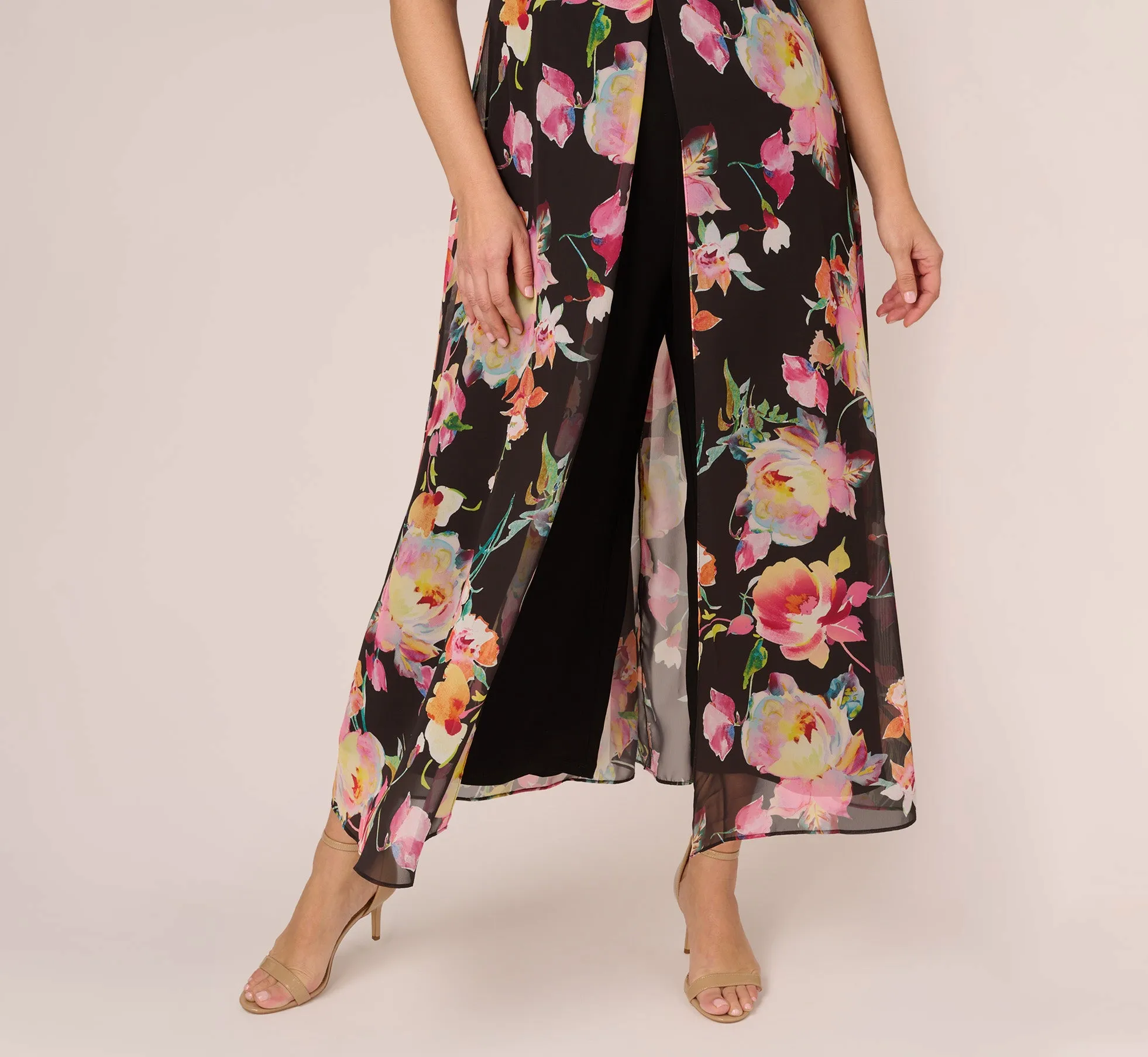 Plus Size Floral Print Cropped Jumpsuit With Skirt Overlay In Black Multi sold by Adrianna Papell product image thumbnail 5