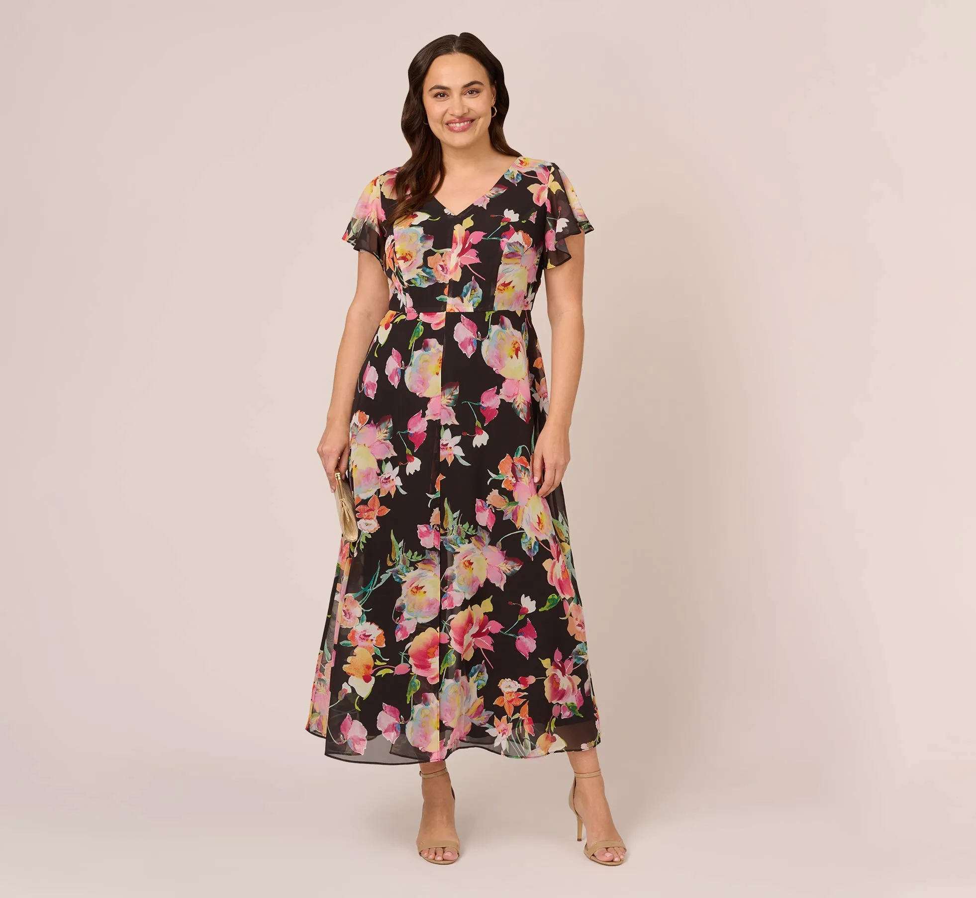 Plus Size Floral Print Cropped Jumpsuit With Skirt Overlay In Black Multi sold by Adrianna Papell product image thumbnail 2