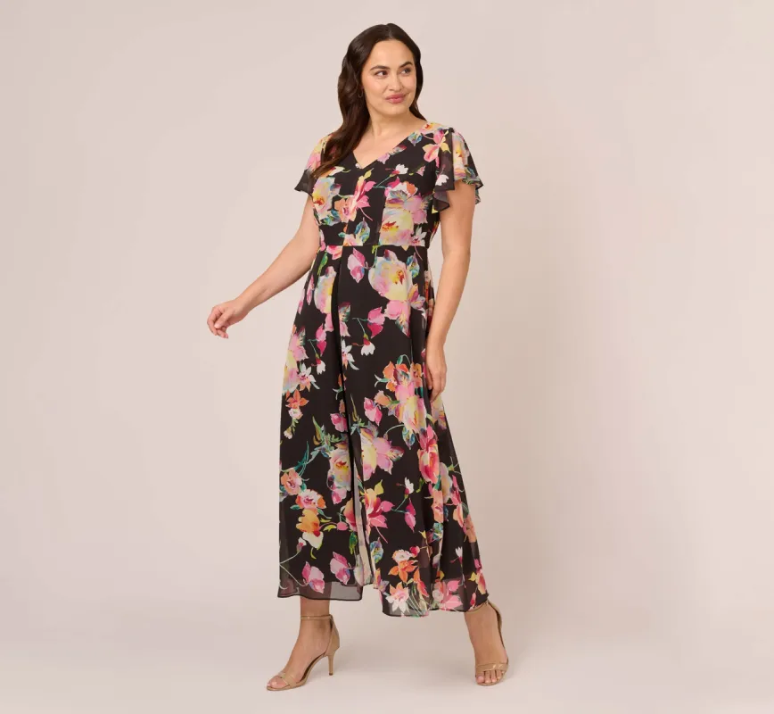 Plus Size Floral Print Cropped Jumpsuit With Skirt Overlay In Black Multi sold by Adrianna Papell