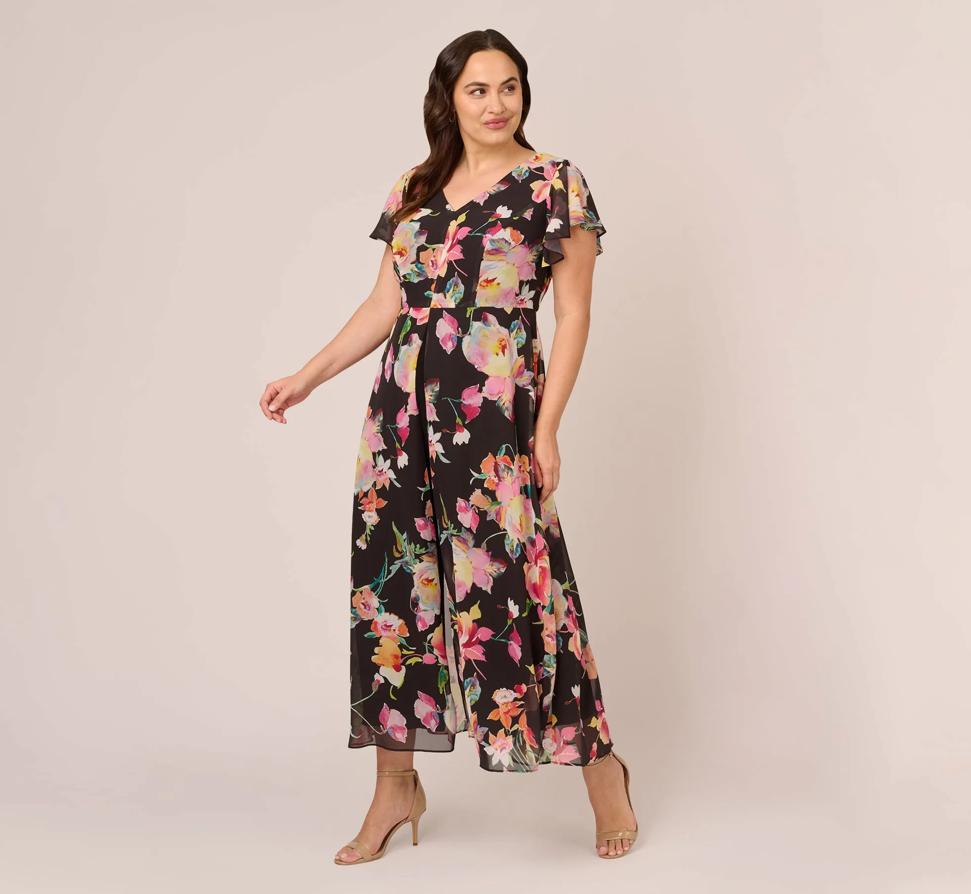 Plus Size Floral Print Cropped Jumpsuit With Skirt Overlay In Black Multi sold by Adrianna Papell