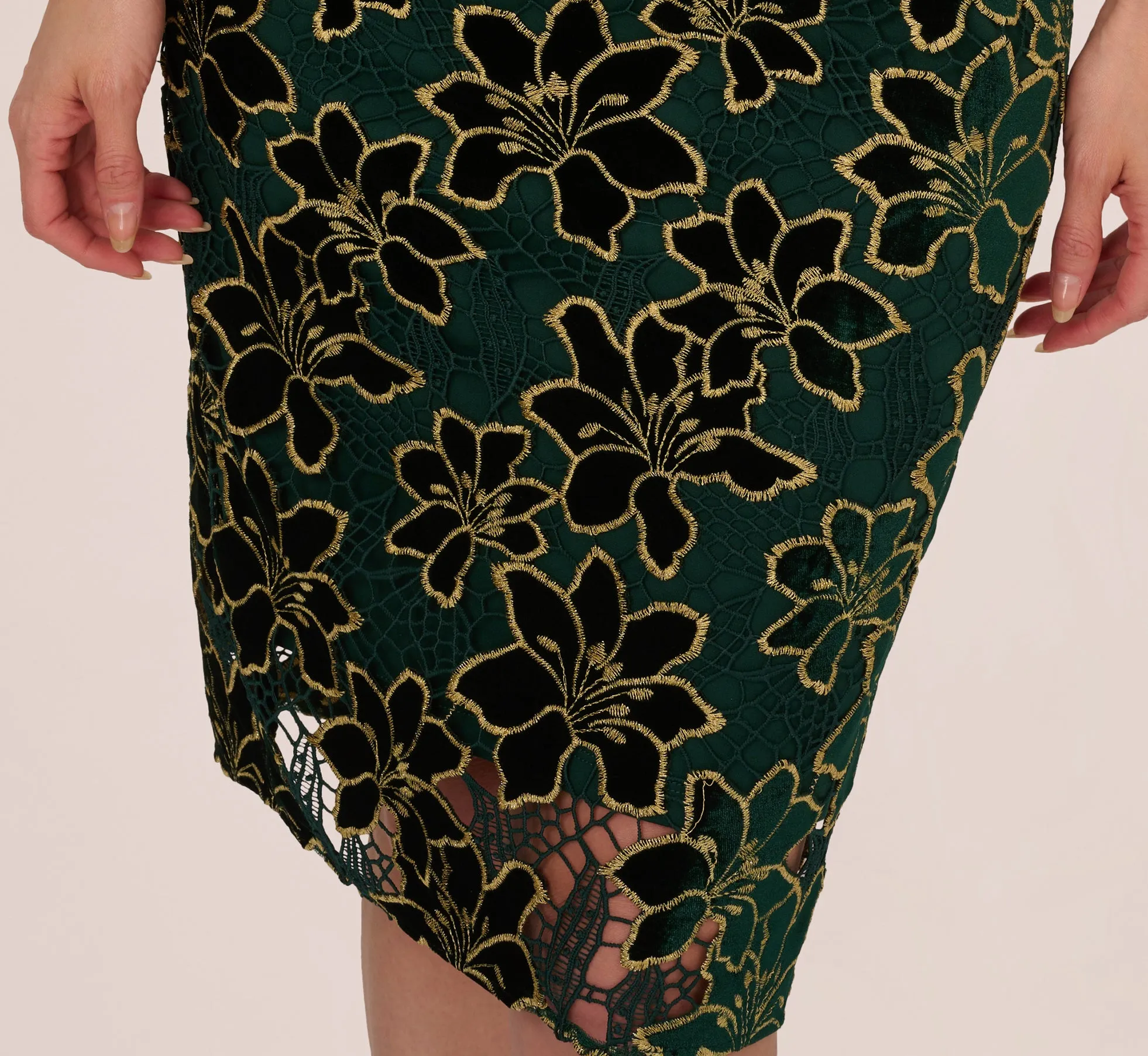 Metallic Floral Lace Midi Dress With Illusion Neckline In Hunter Gold sold by Adrianna Papell product image thumbnail 5