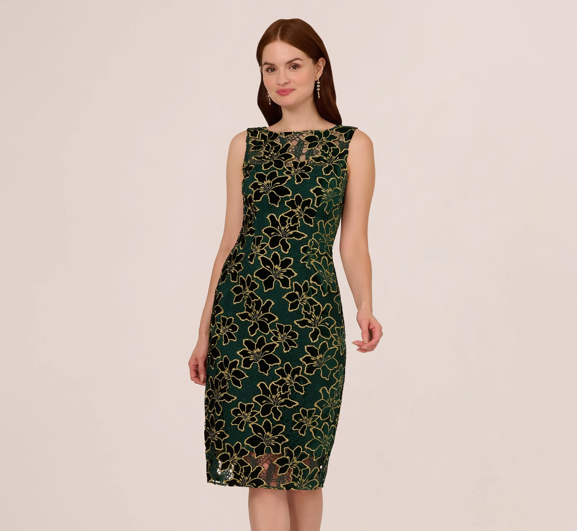 Metallic Floral Lace Midi Dress With Illusion Neckline In Hunter Gold sold by Adrianna Papell