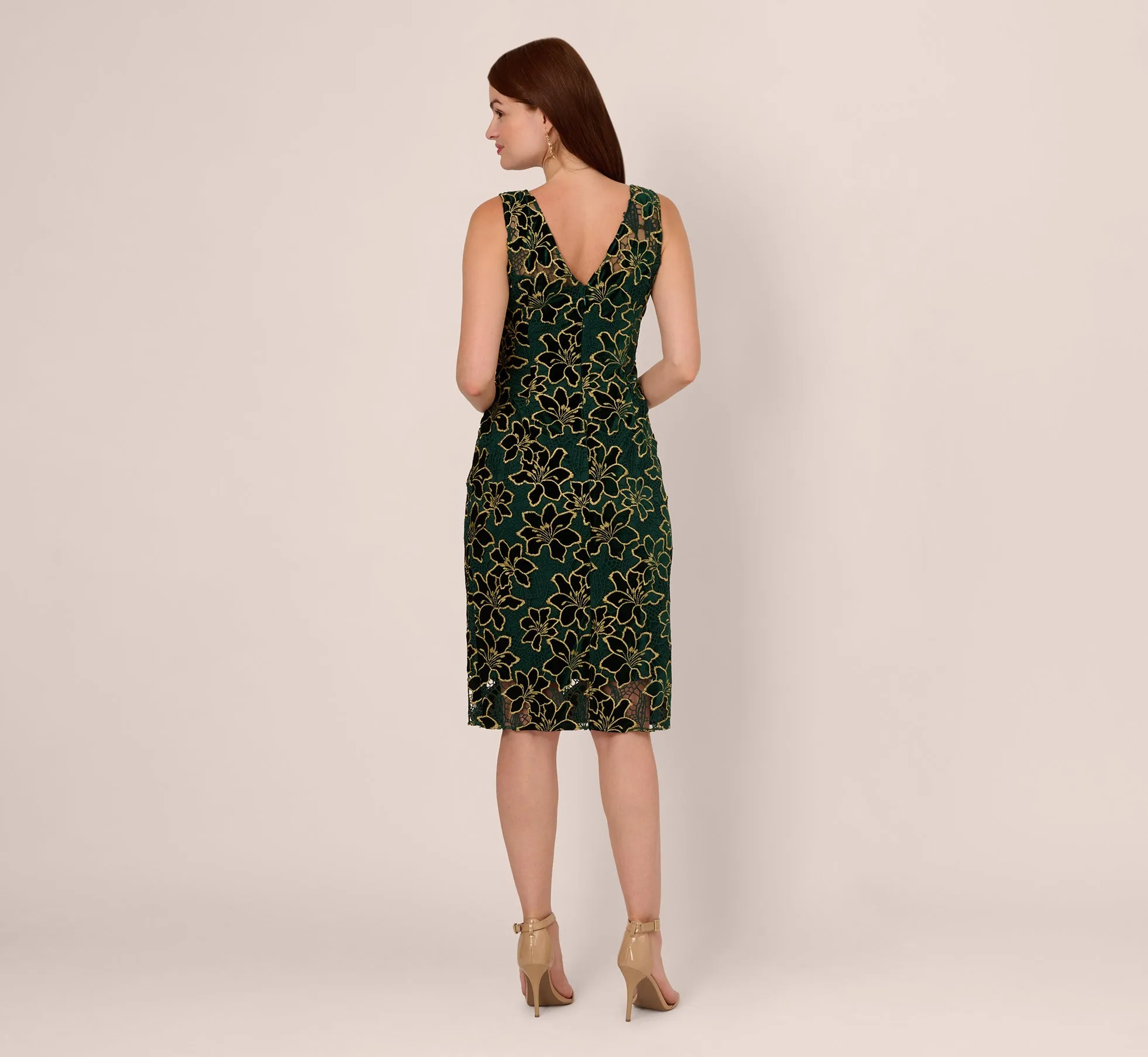 Metallic Floral Lace Midi Dress With Illusion Neckline In Hunter Gold sold by Adrianna Papell product image thumbnail 4