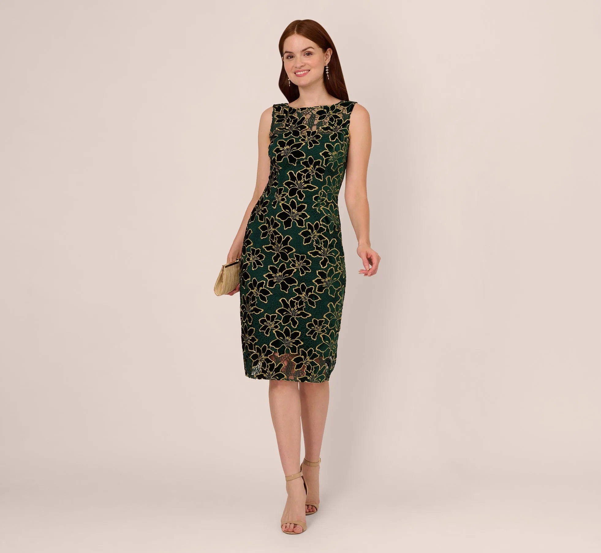 Metallic Floral Lace Midi Dress With Illusion Neckline In Hunter Gold sold by Adrianna Papell product image thumbnail 2