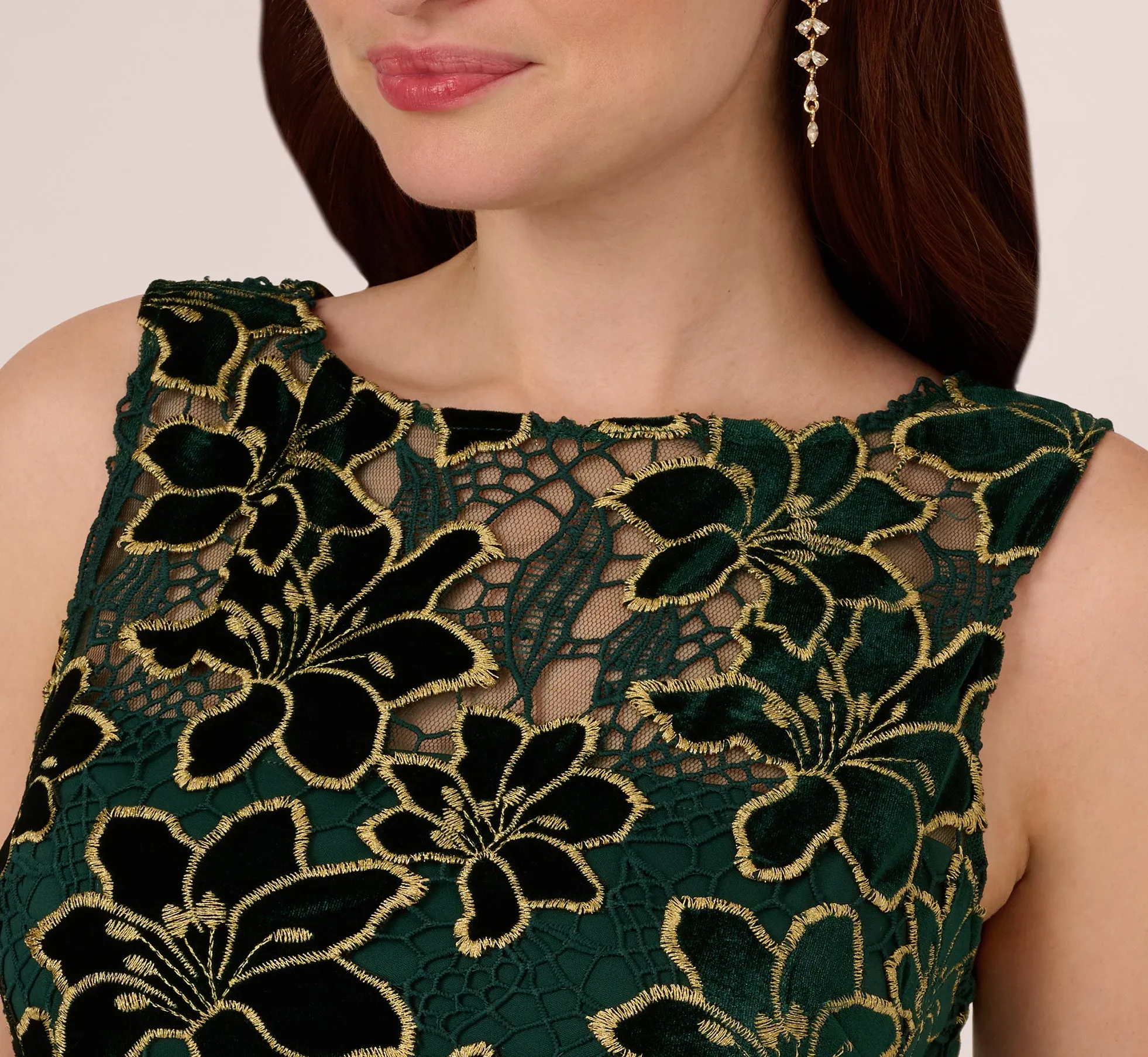 Metallic Floral Lace Midi Dress With Illusion Neckline In Hunter Gold sold by Adrianna Papell product image thumbnail 3