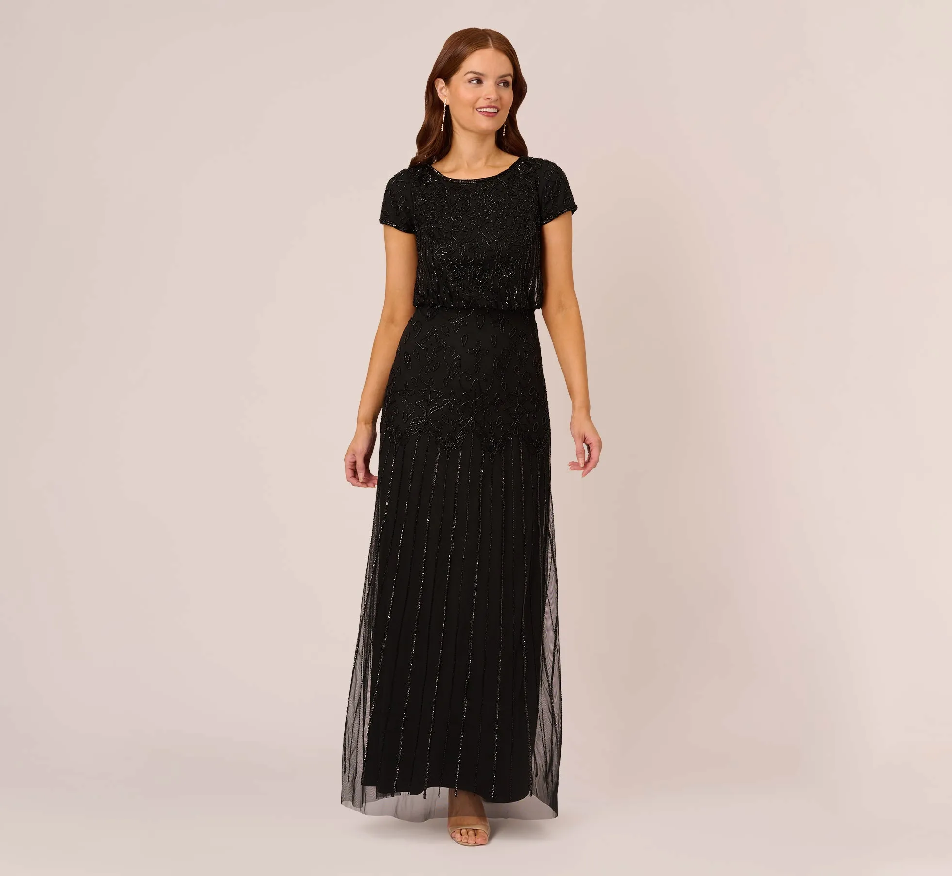 Short Sleeve Blouson Beaded Gown In Black sold by Adrianna Papell