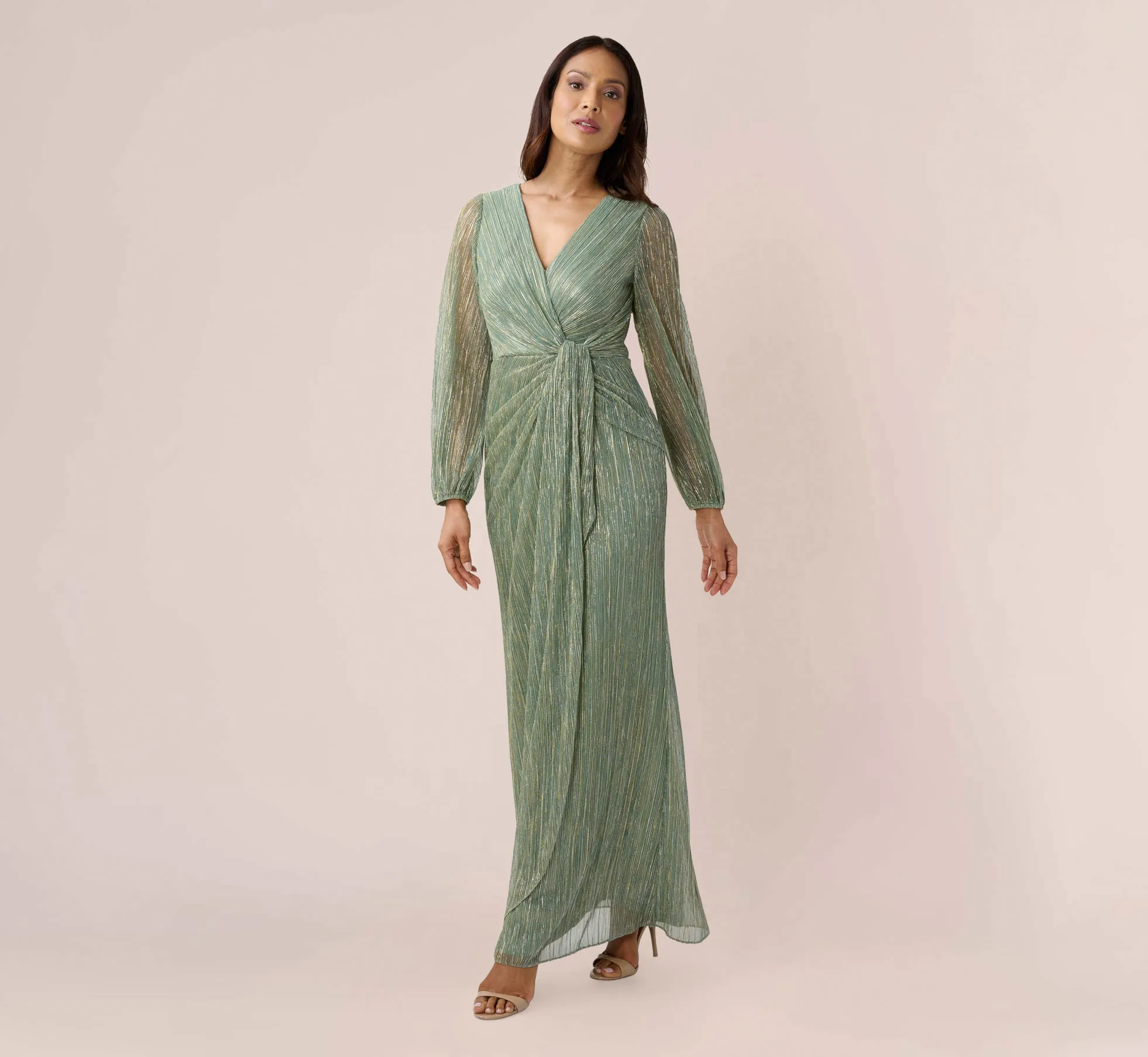 Metallic Crinkled Mesh Draped Long Gown In Green Slate sold by Adrianna Papell product image thumbnail 2