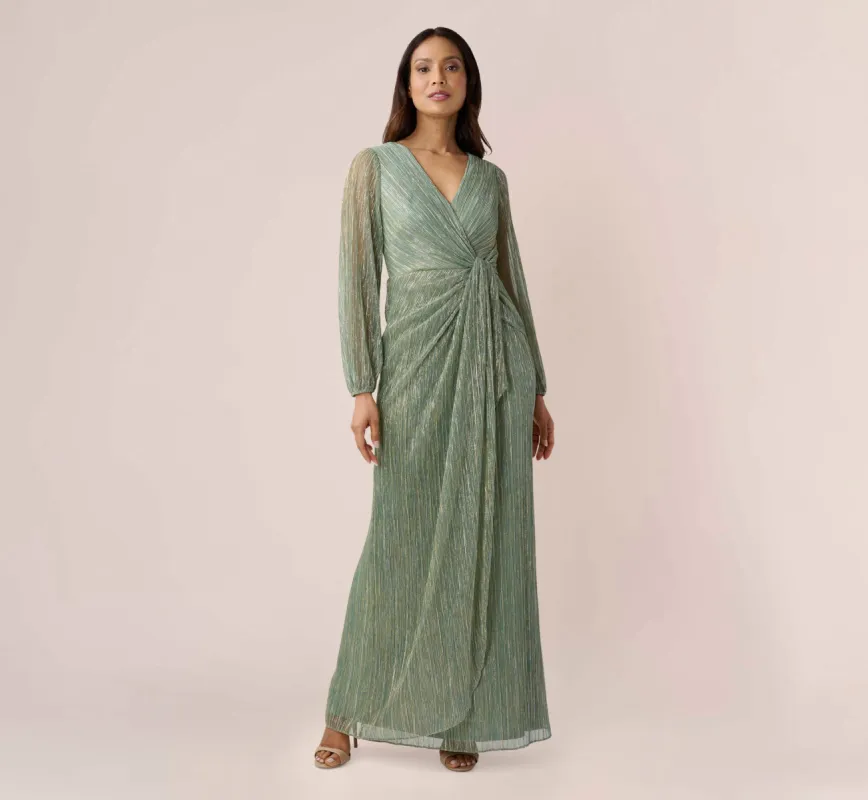 Metallic Crinkled Mesh Draped Long Gown In Green Slate sold by Adrianna Papell