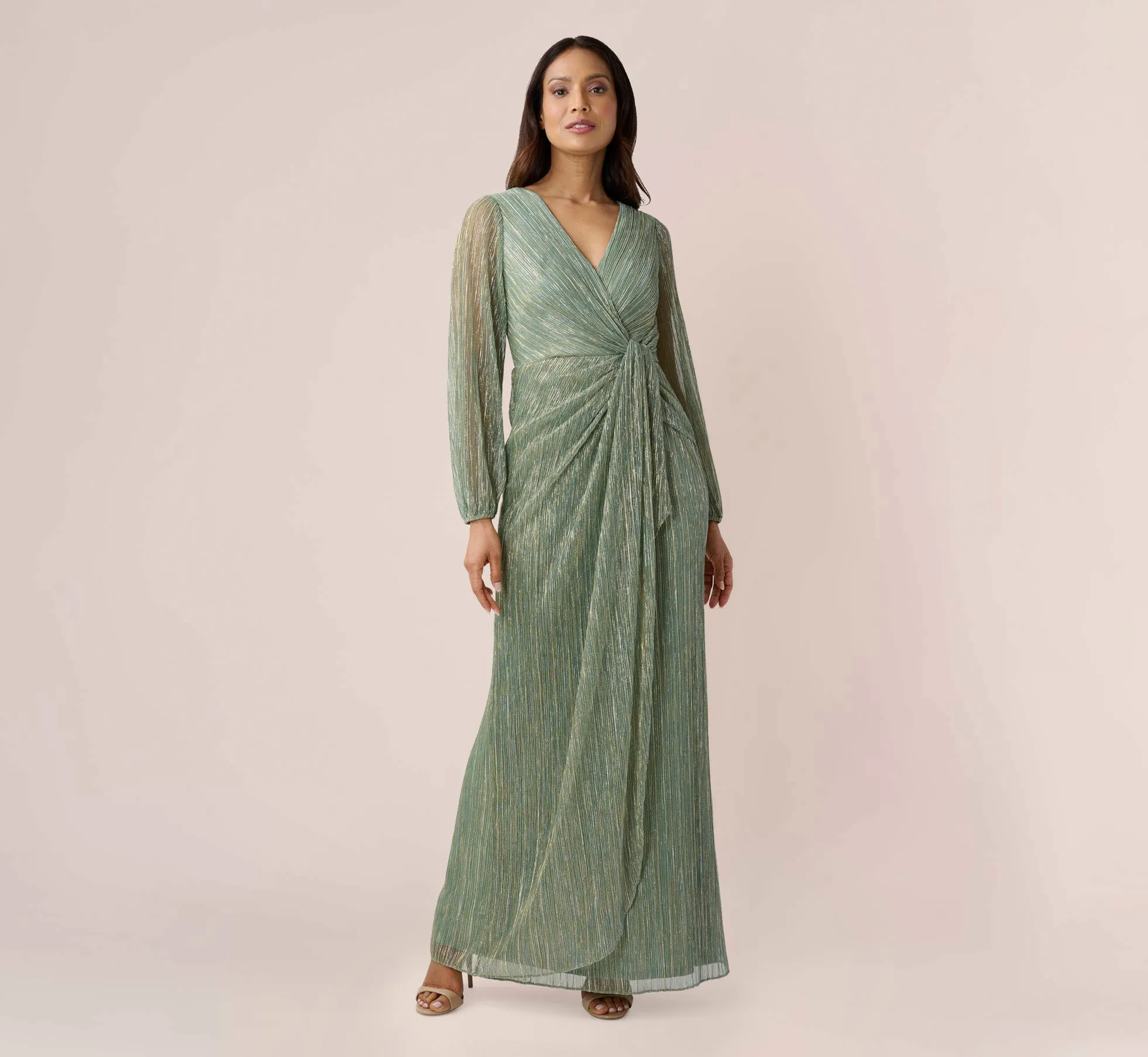 Metallic Crinkled Mesh Draped Long Gown In Green Slate sold by Adrianna Papell