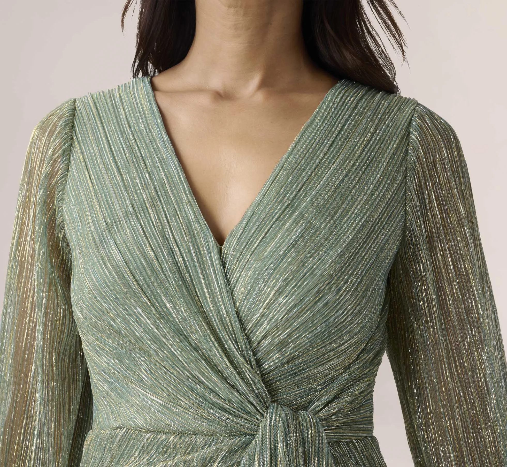 Metallic Crinkled Mesh Draped Long Gown In Green Slate sold by Adrianna Papell product image thumbnail 3