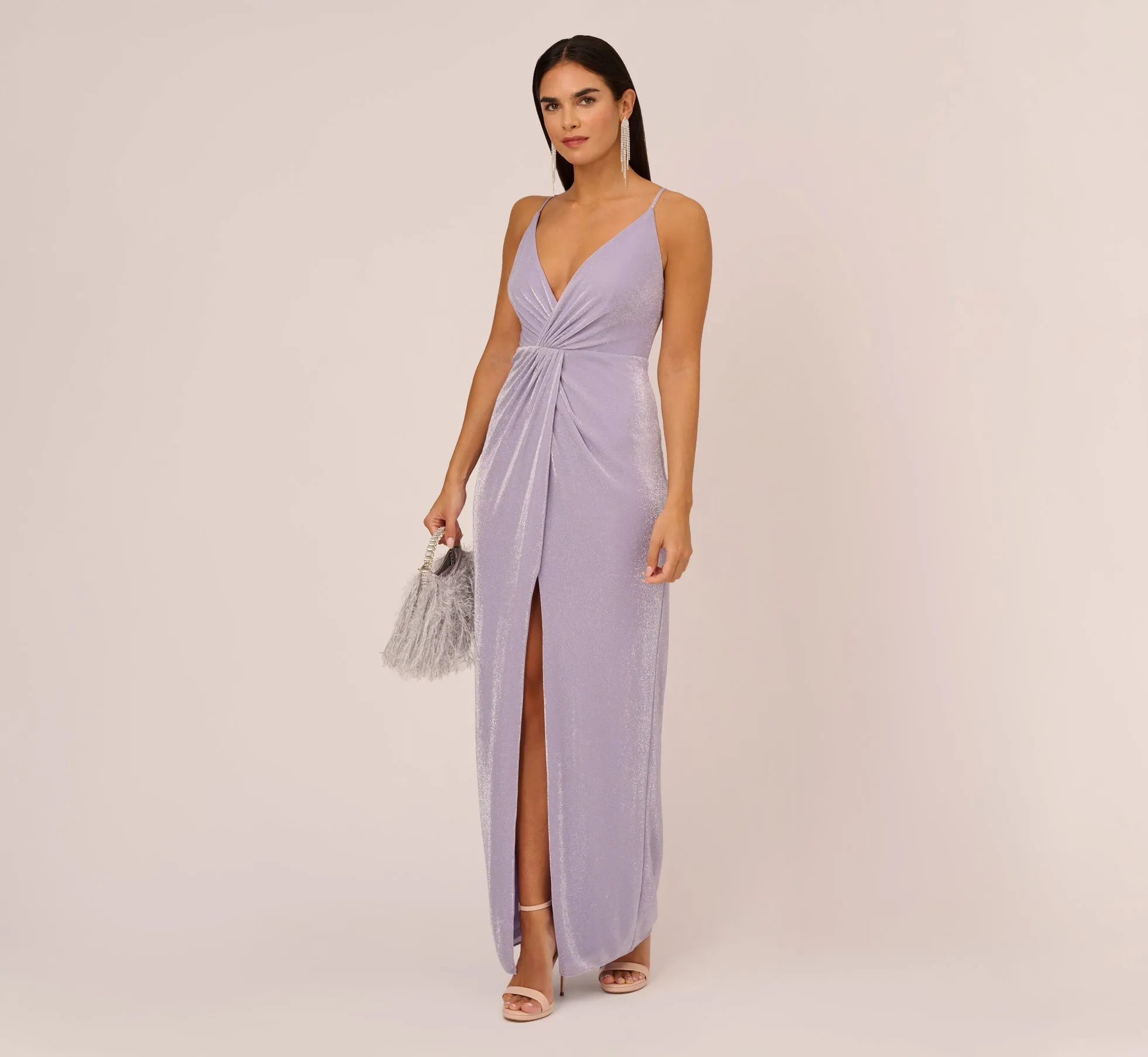 Lurex Knit Column Gown With Gathered Details In Lilac sold by Adrianna Papell