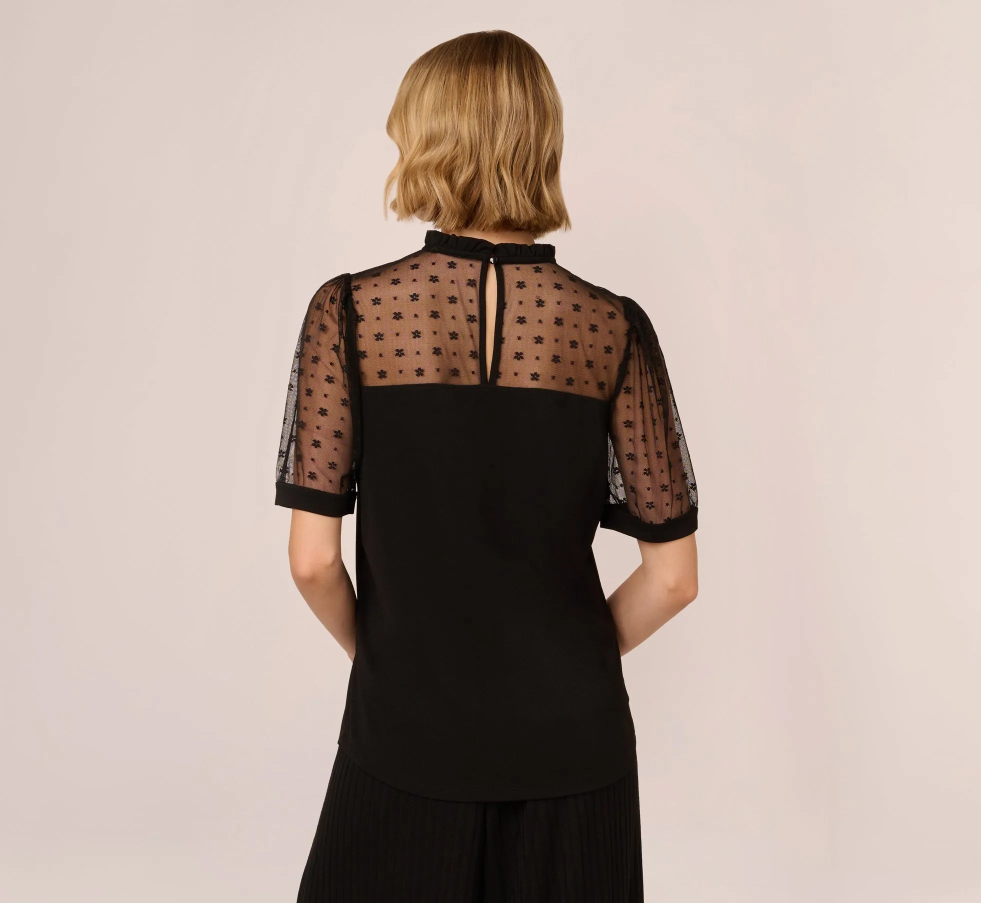 Ruffle Neck Top With Floral Mesh Short Sleeves In Black sold by Adrianna Papell product image thumbnail 4