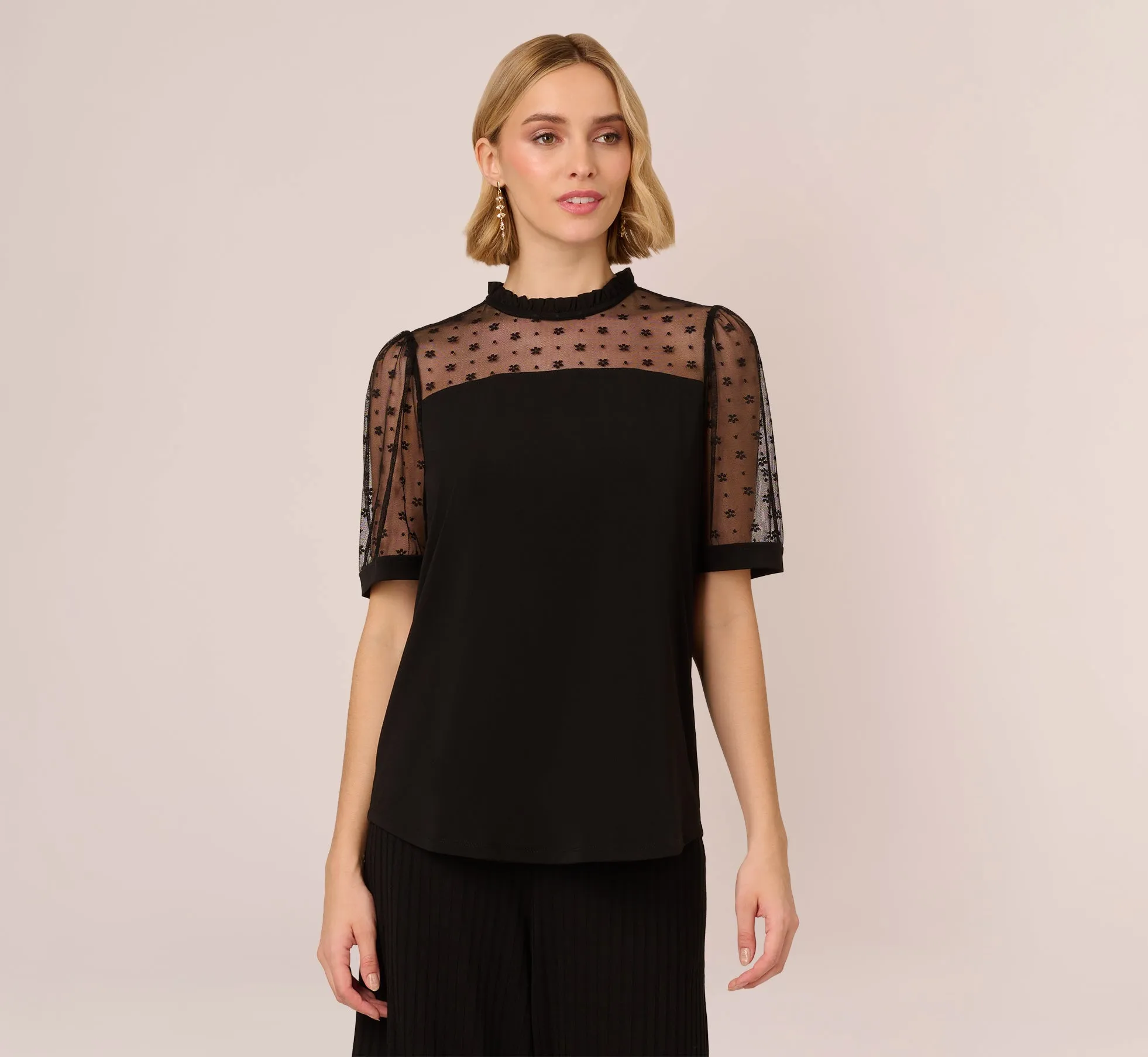Ruffle Neck Top With Floral Mesh Short Sleeves In Black sold by Adrianna Papell