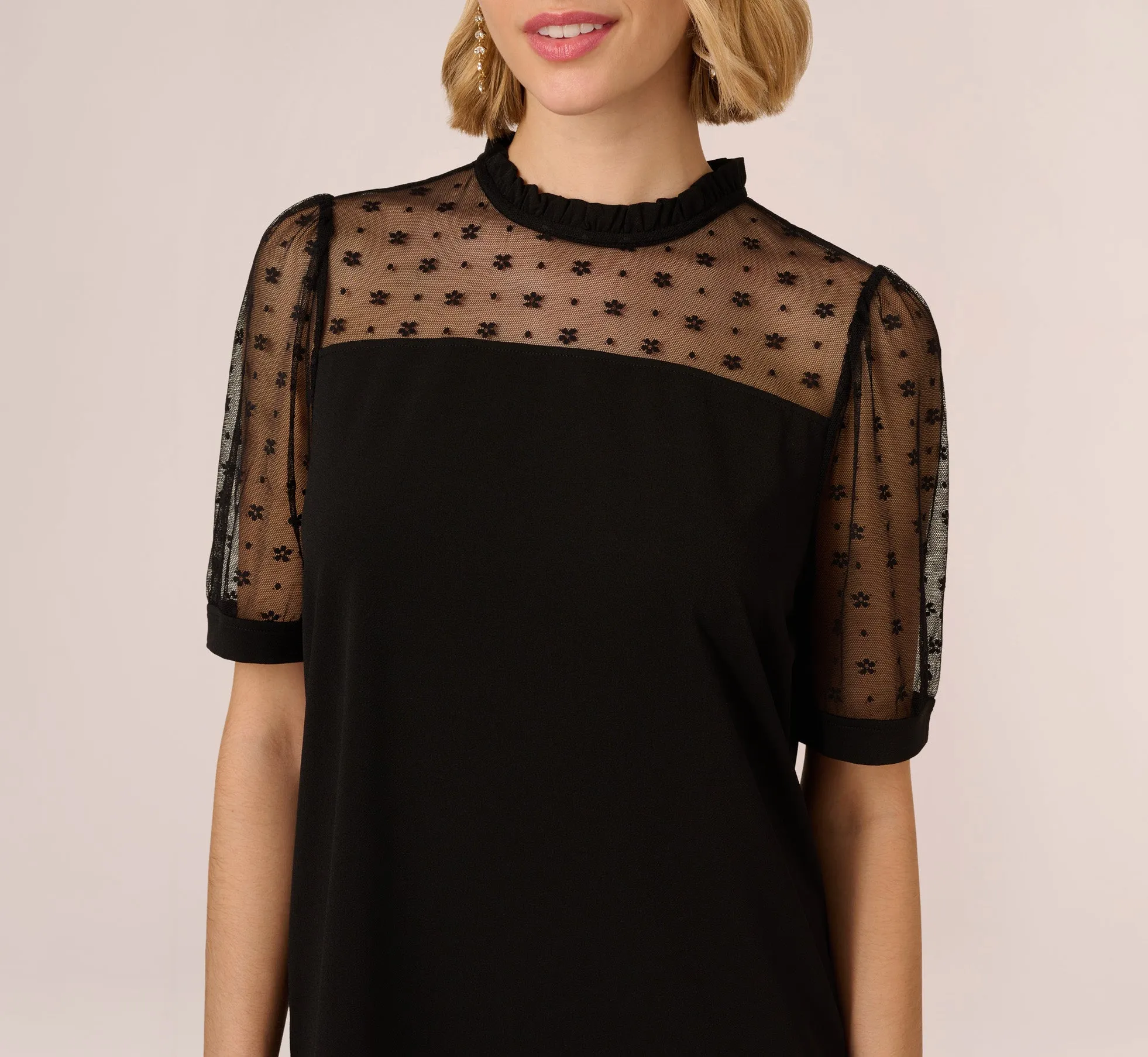 Ruffle Neck Top With Floral Mesh Short Sleeves In Black sold by Adrianna Papell product image thumbnail 3