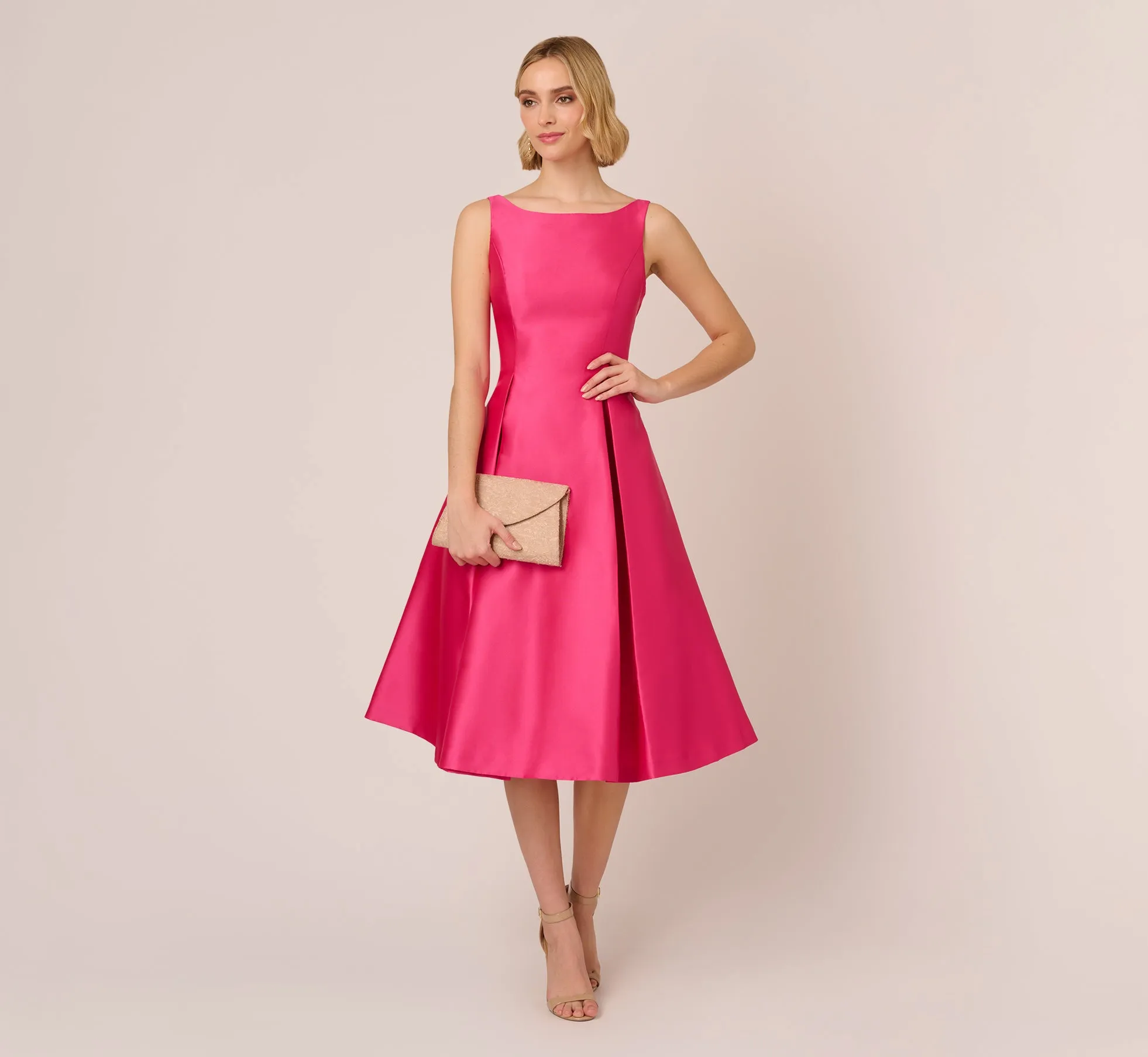 Sleeveless Mikado Fit And Flare Midi Dress With V-Back In Electric Pink sold by Adrianna Papell product image thumbnail 2