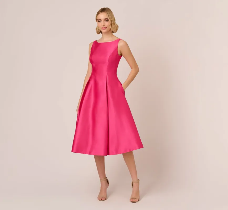 Sleeveless Mikado Fit And Flare Midi Dress With V-Back In Electric Pink sold by Adrianna Papell