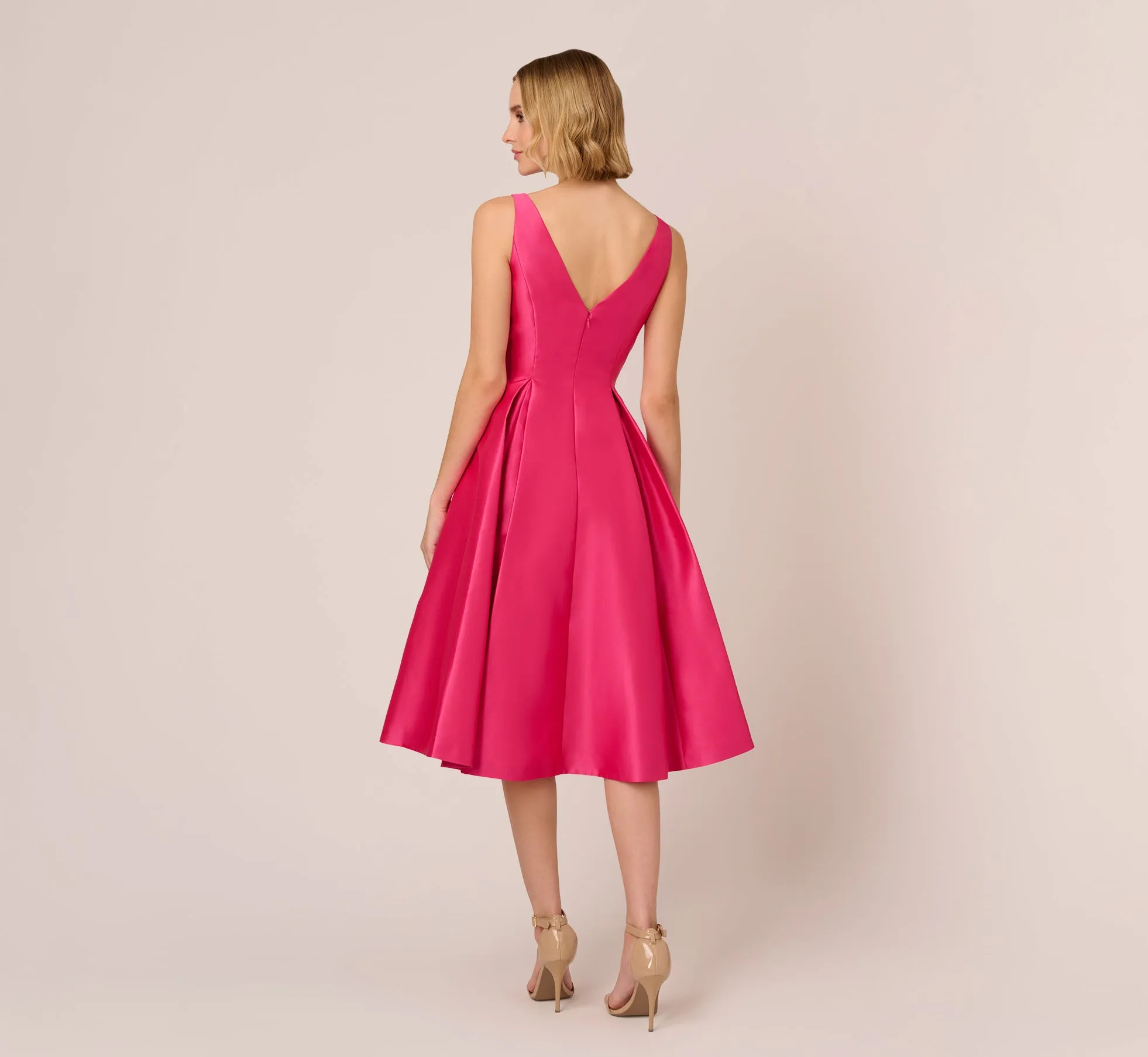 Sleeveless Mikado Fit And Flare Midi Dress With V-Back In Electric Pink sold by Adrianna Papell product image thumbnail 4