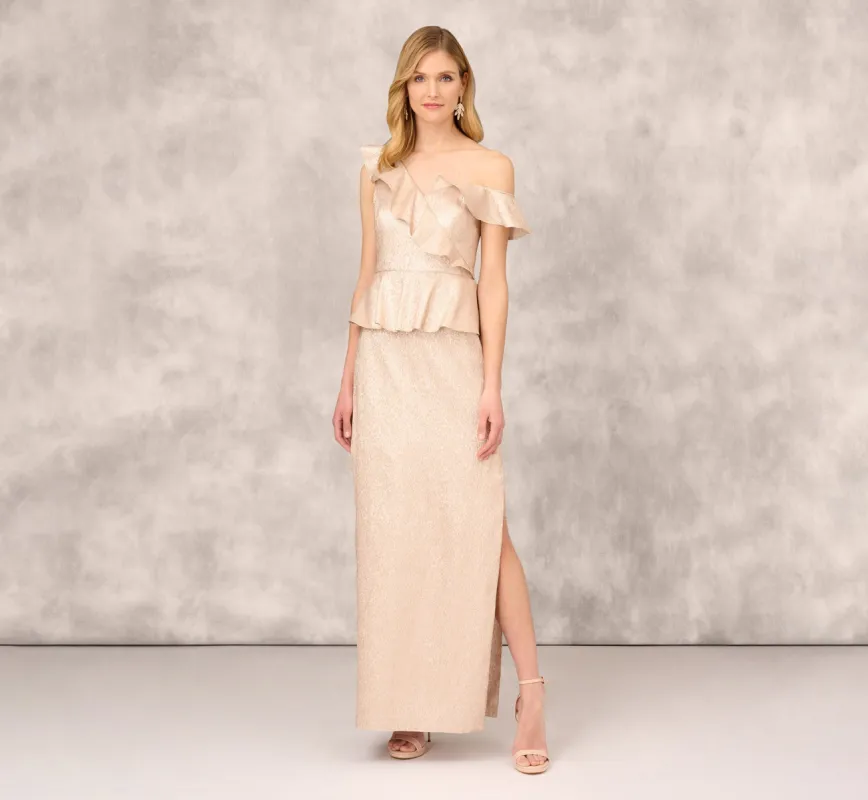 Asymmetrical Column Gown With Ruffle Details In Taupe sold by Adrianna Papell