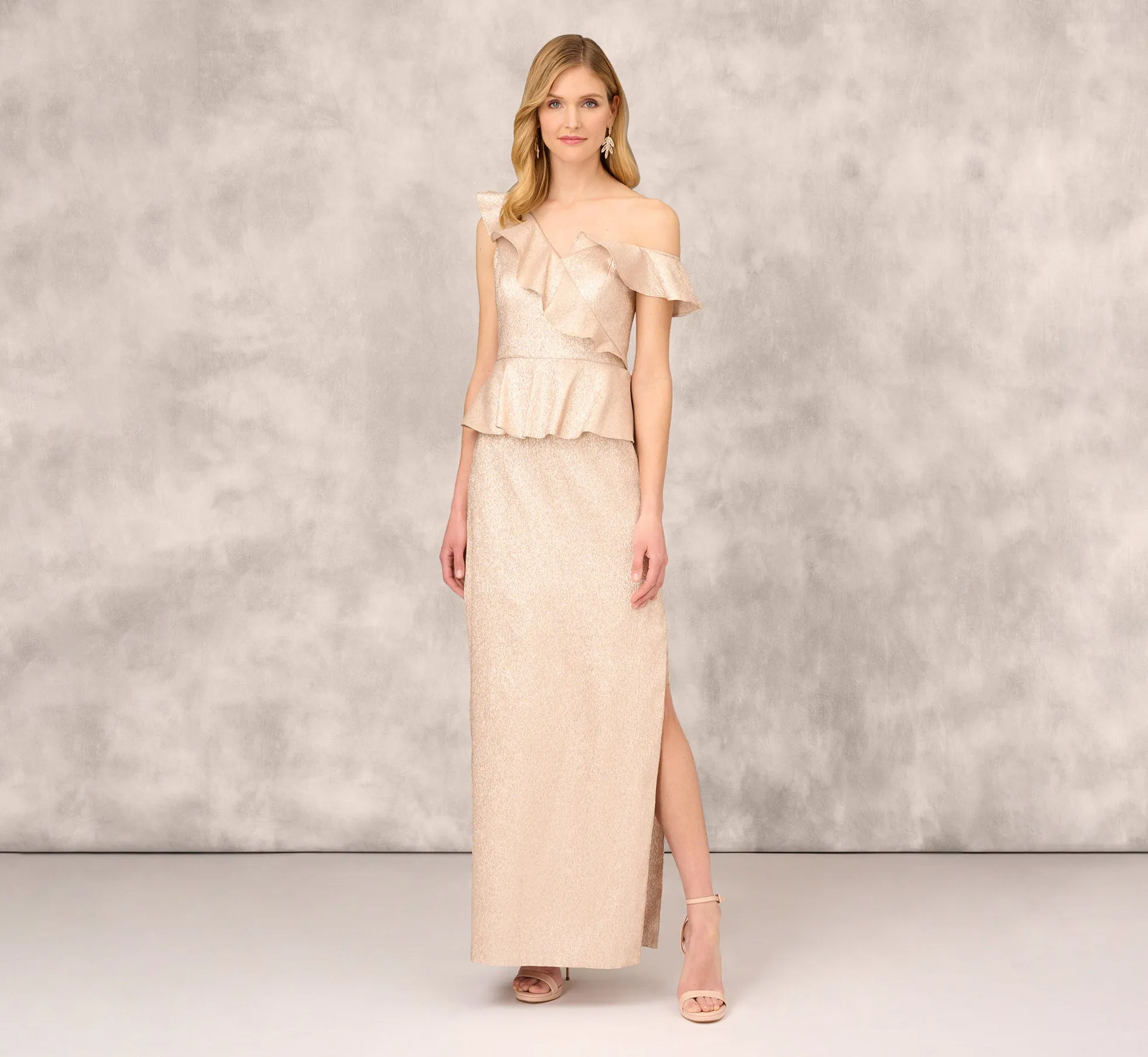 Asymmetrical Column Gown With Ruffle Details In Taupe sold by Adrianna Papell