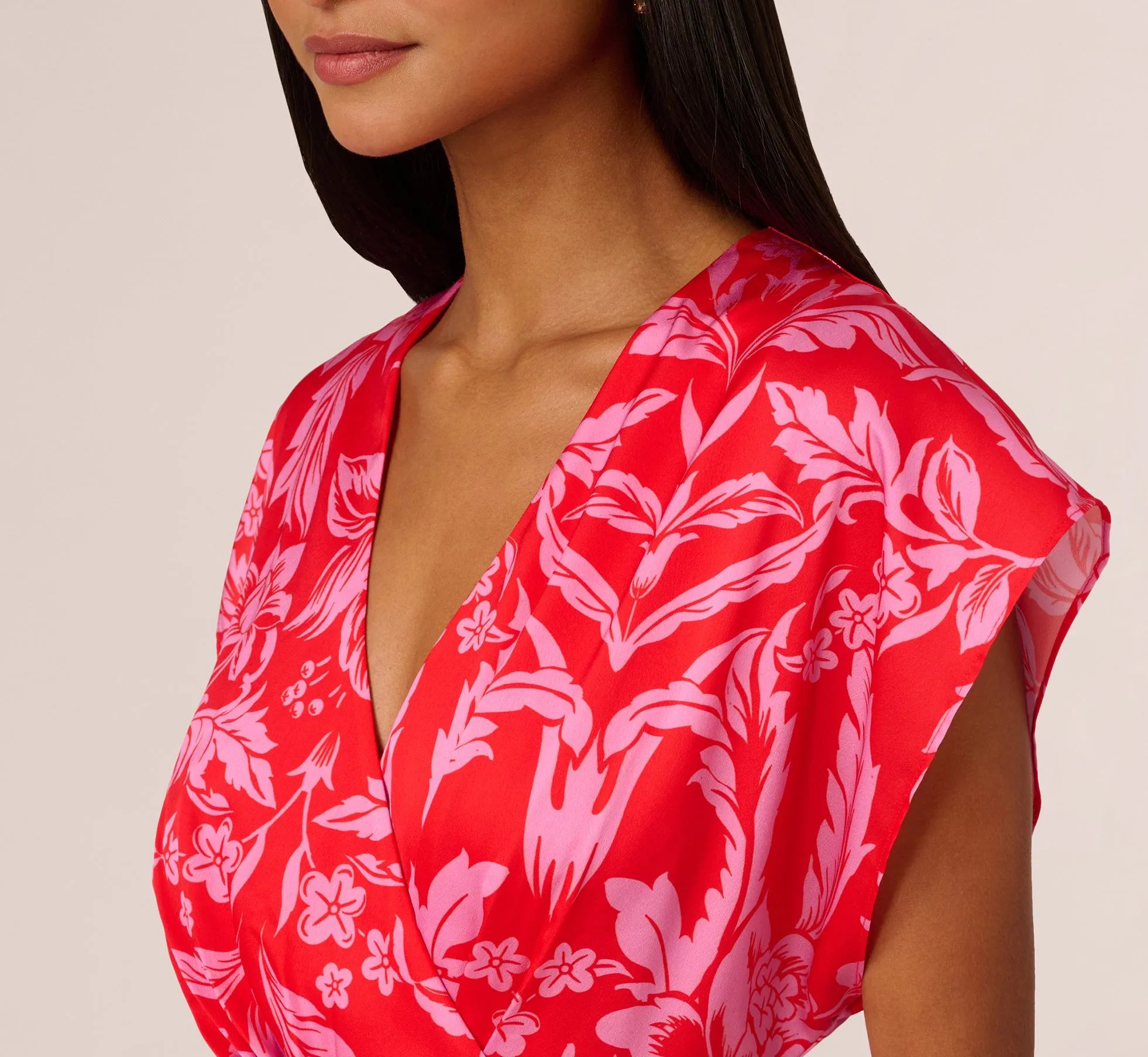 Floral Satin Faux Wrap Dress With Dolman Sleeves In Red Pink sold by Adrianna Papell product image thumbnail 5