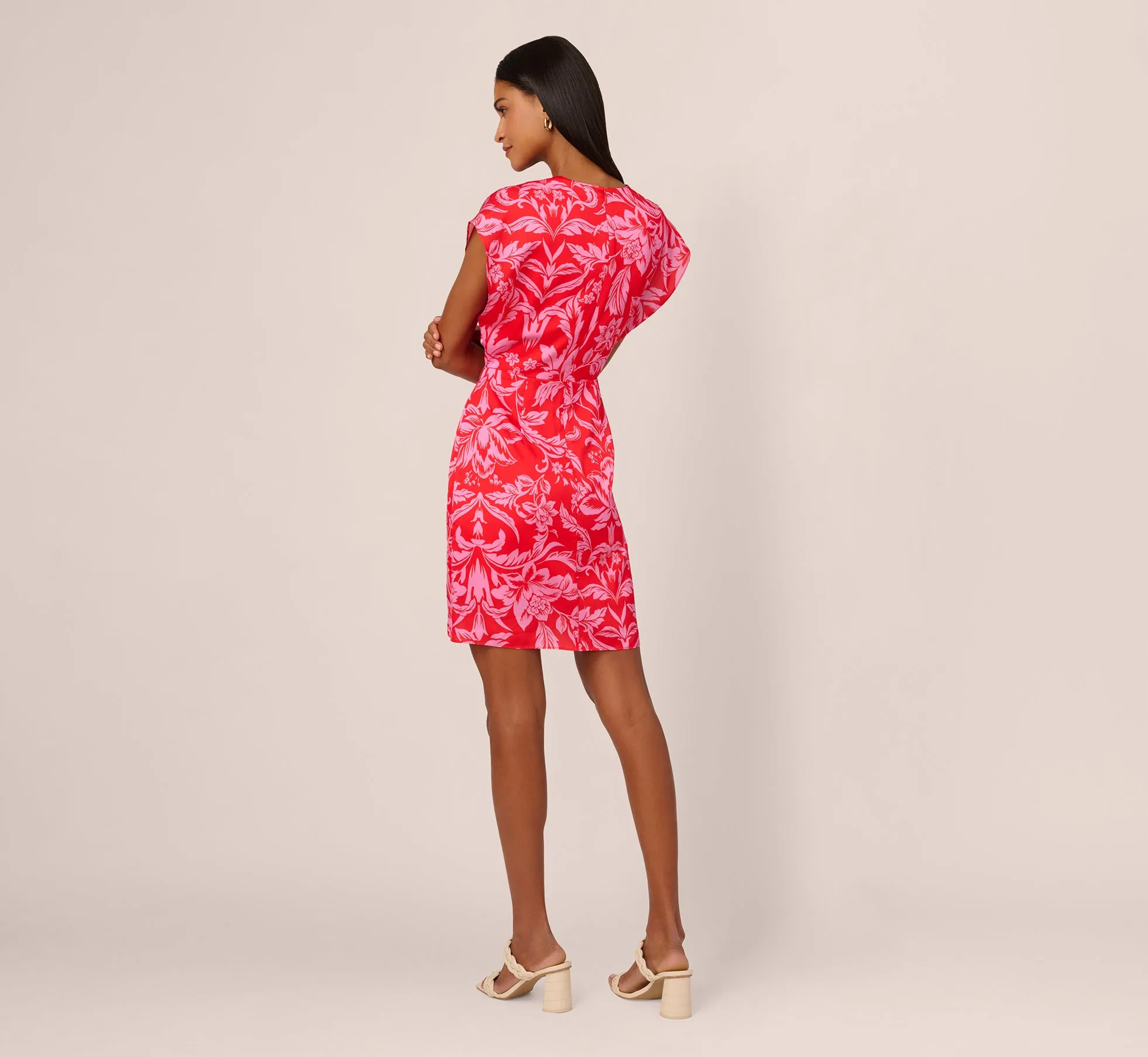 Floral Satin Faux Wrap Dress With Dolman Sleeves In Red Pink sold by Adrianna Papell product image thumbnail 4