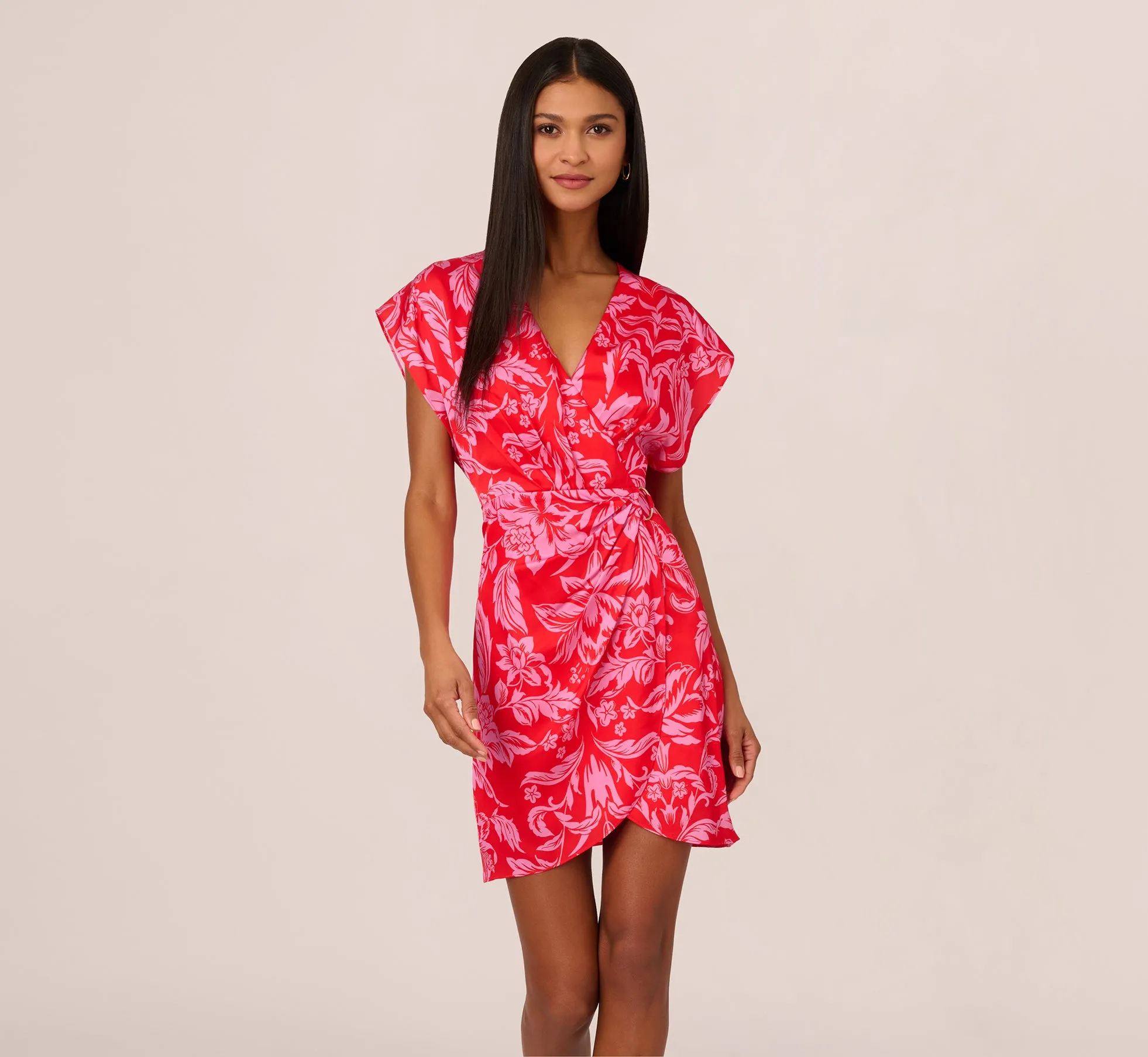 Floral Satin Faux Wrap Dress With Dolman Sleeves In Red Pink sold by Adrianna Papell