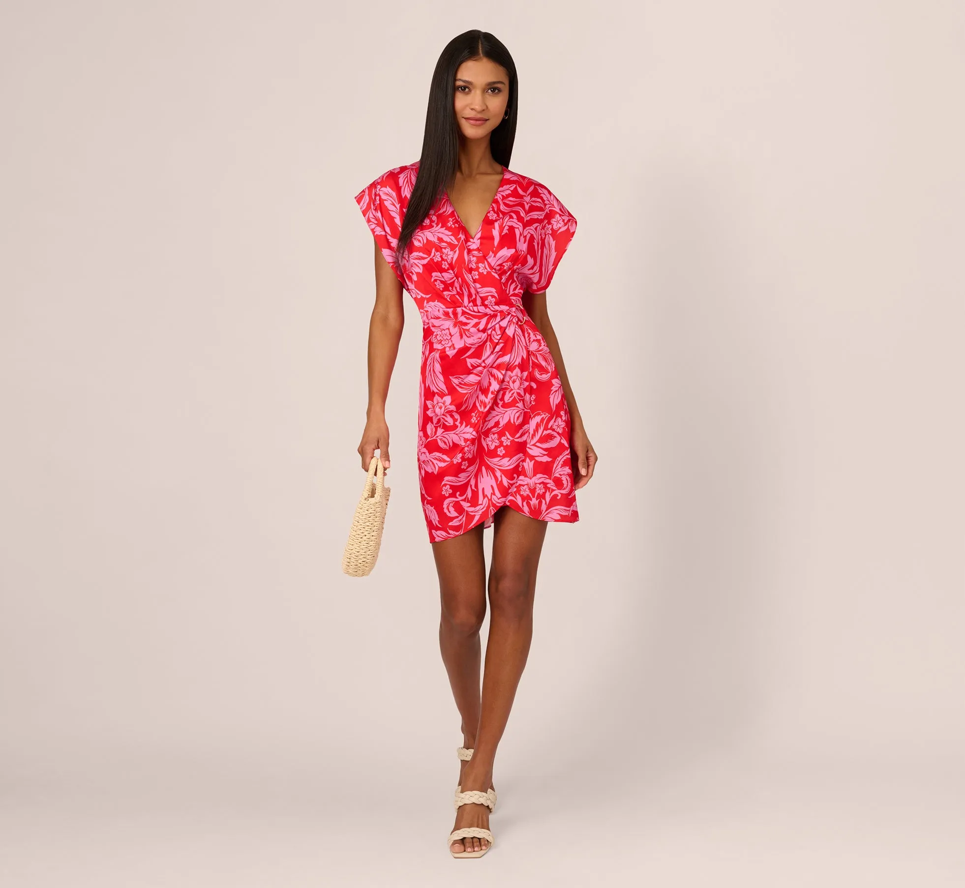 Floral Satin Faux Wrap Dress With Dolman Sleeves In Red Pink sold by Adrianna Papell product image thumbnail 2