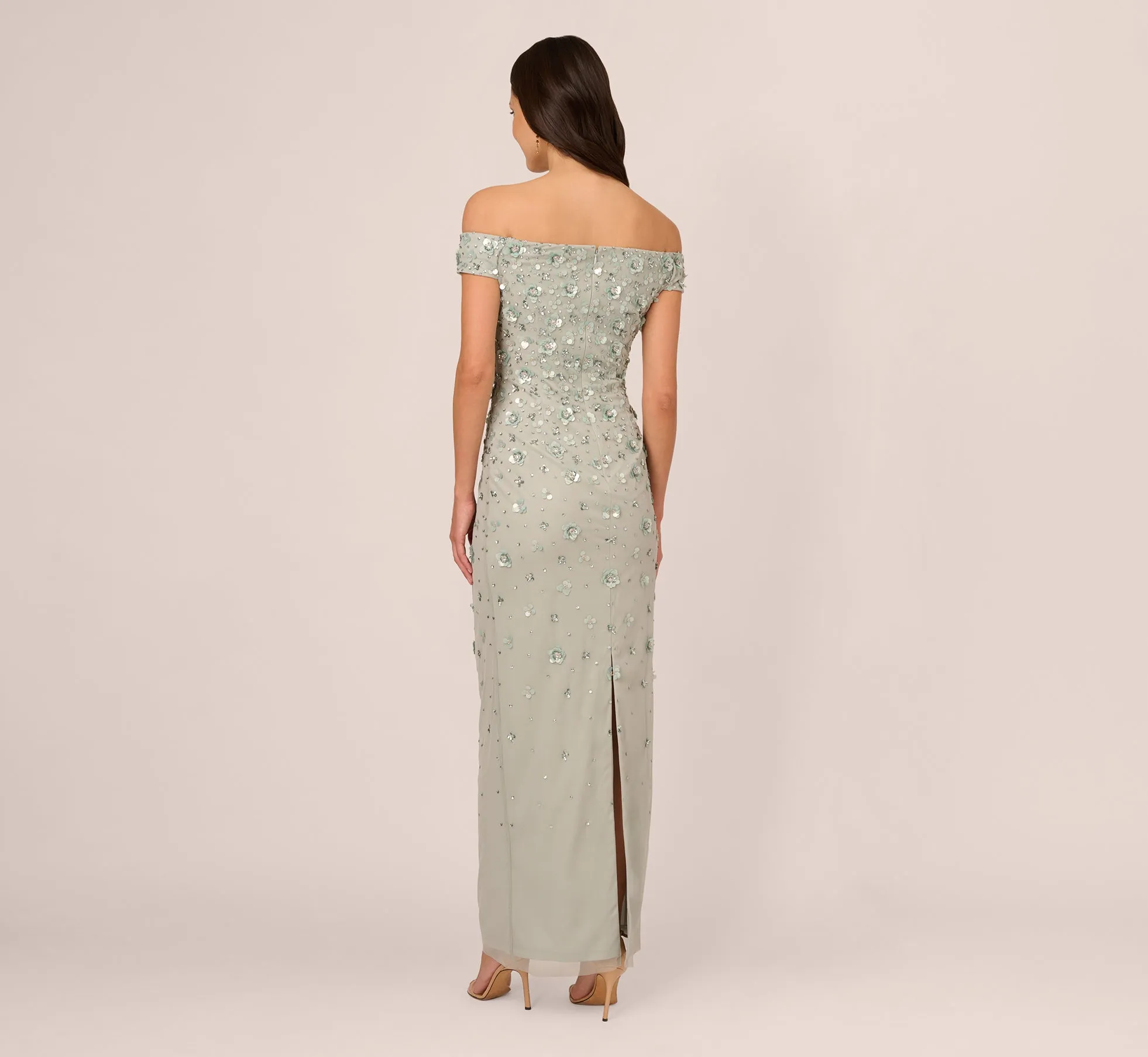 Off Shoulder Dress With Floral Embellishment In Frosted Sage sold by Adrianna Papell product image thumbnail 4