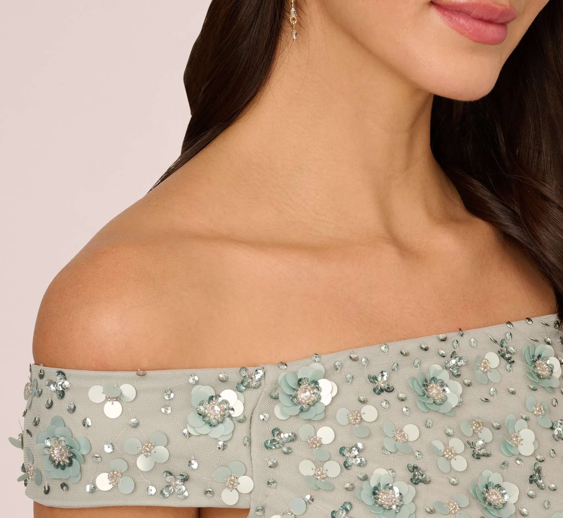 Off Shoulder Dress With Floral Embellishment In Frosted Sage sold by Adrianna Papell product image thumbnail 5
